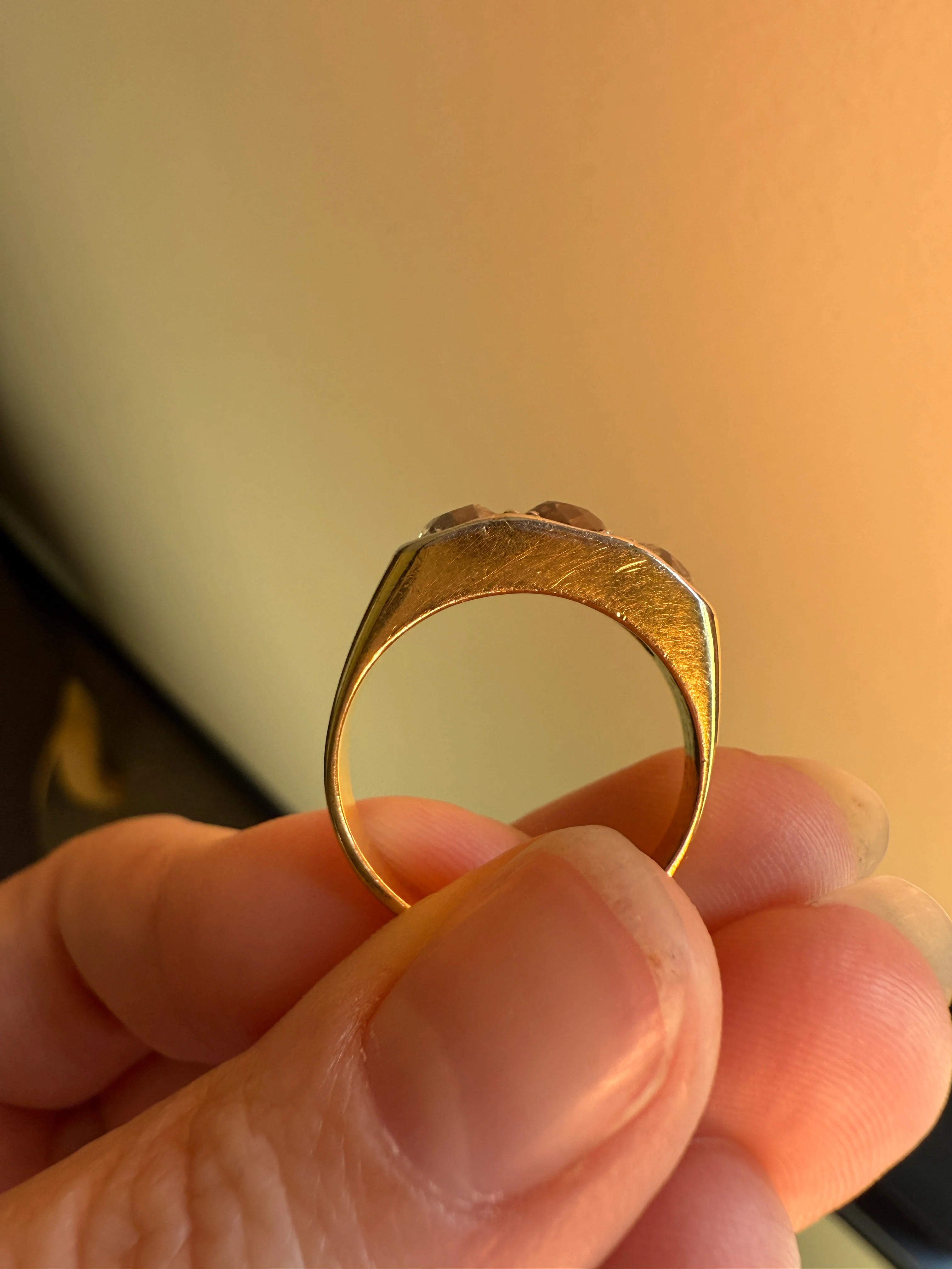 Chunky 1.65 Carat Antique Three Stone Old Mine Cut Diamond Chocolate Cognac Wide Band 18k Gold French Ring Belle Epoque Stacker - Image 12
