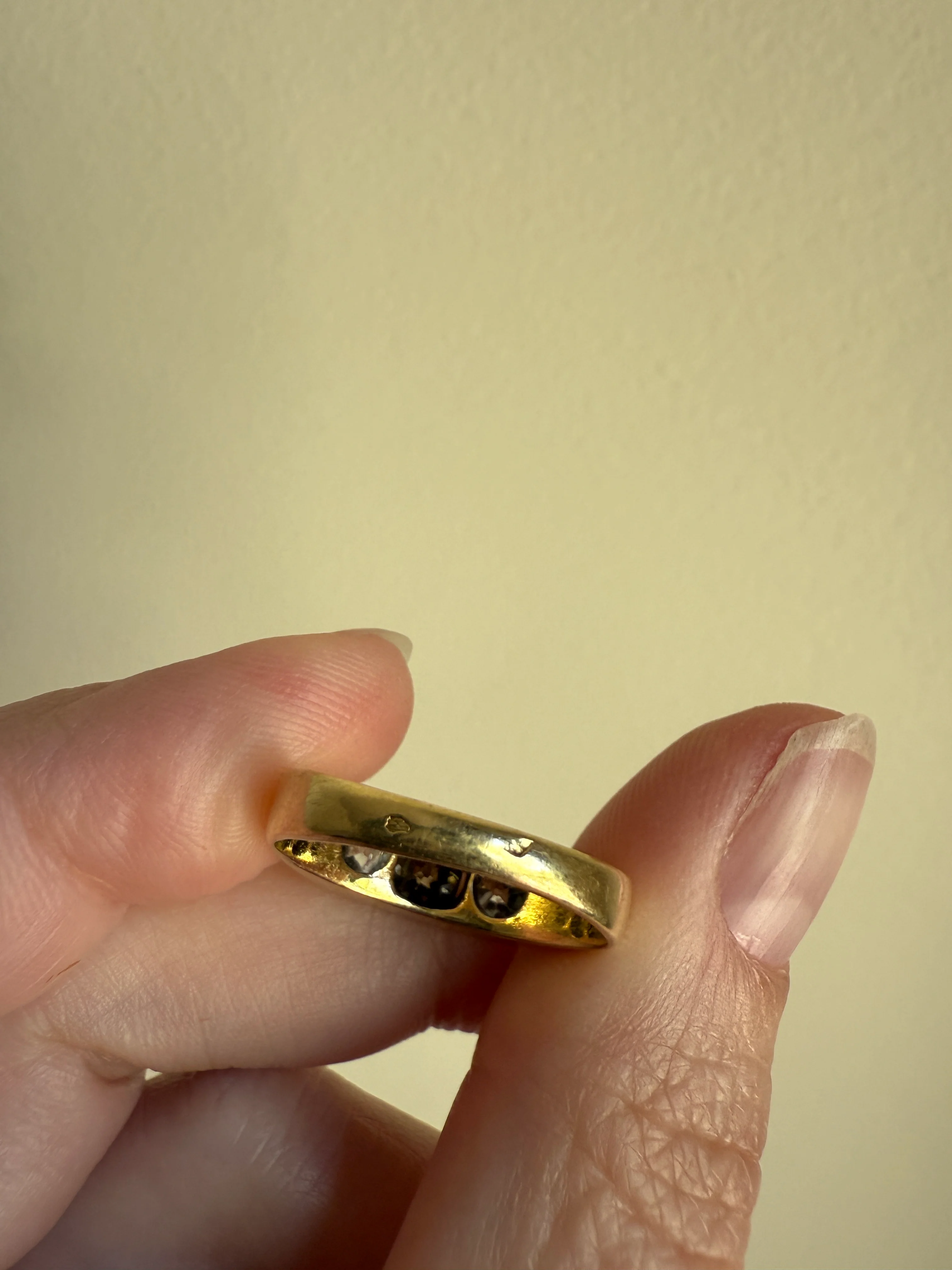 Chunky 1.65 Carat Antique Three Stone Old Mine Cut Diamond Chocolate Cognac Wide Band 18k Gold French Ring Belle Epoque Stacker - Image 14