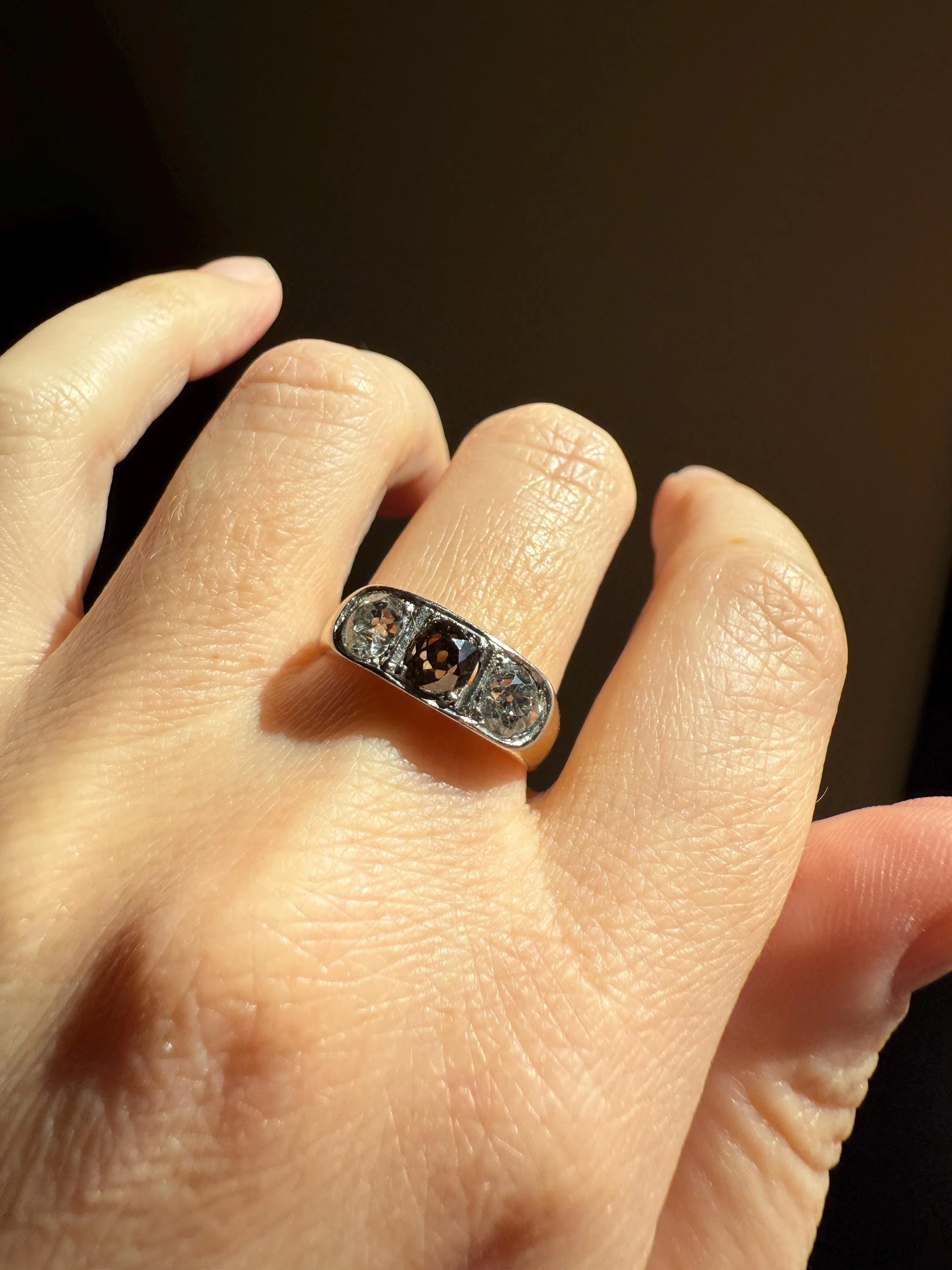 Chunky 1.65 Carat Antique Three Stone Old Mine Cut Diamond Chocolate Cognac Wide Band 18k Gold French Ring Belle Epoque Stacker - Image 2