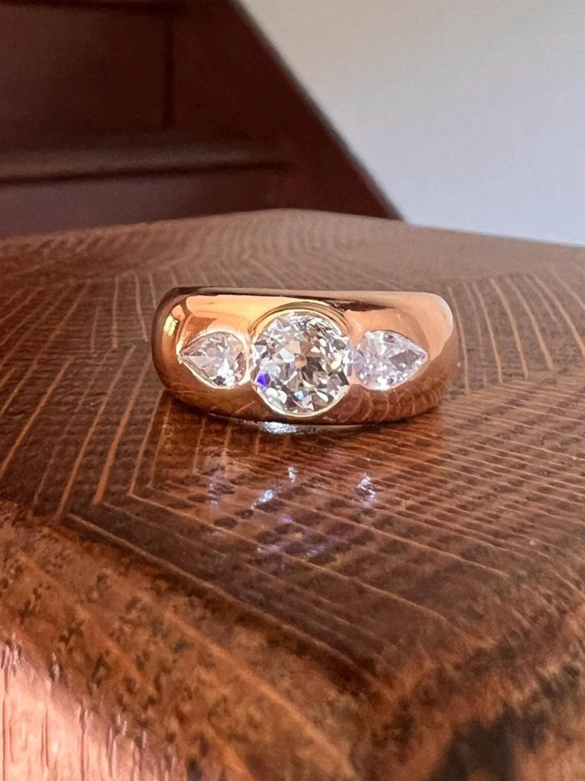Chunky 1.75 Carat Old Mine Cut DIAMOND Pear Gypsy Ring 10g 18k Gold HEAVY Vintage Stacker 9mm Wide Gypsy Band