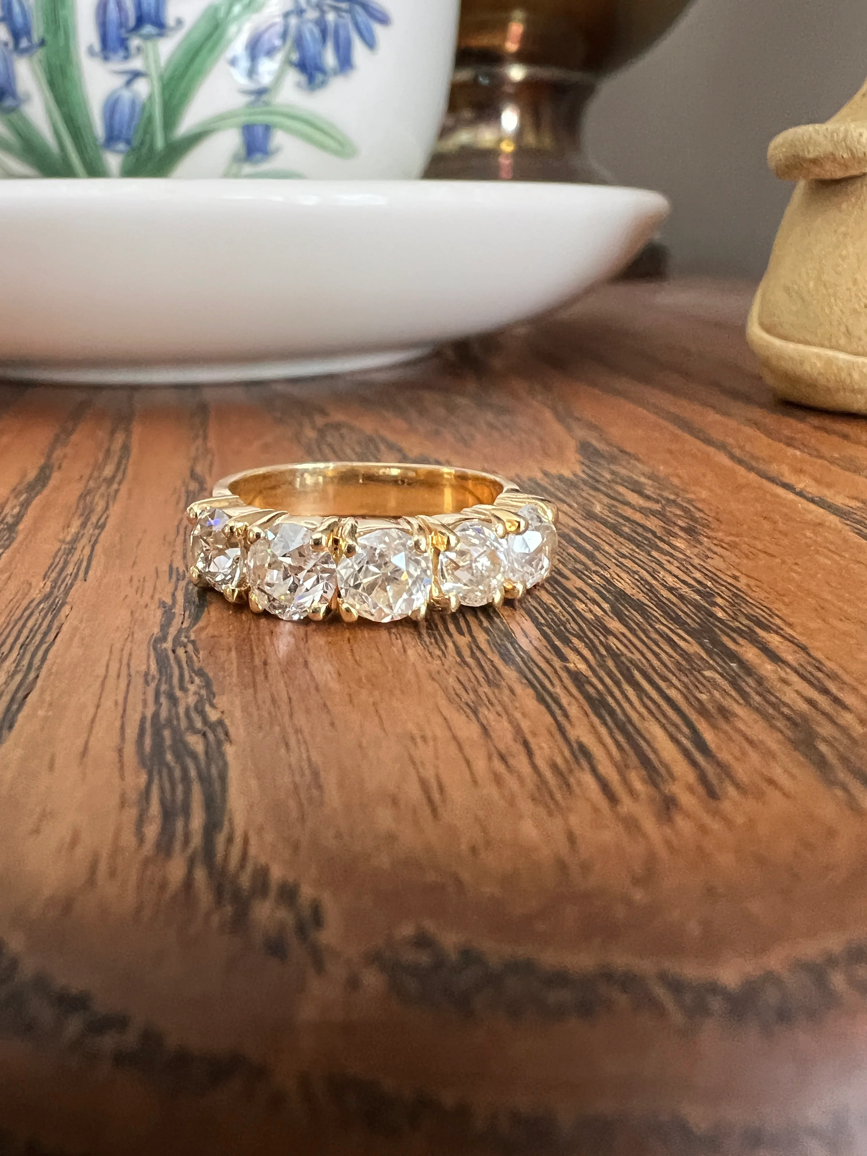 Chunky 2 1/2 Carat Old Mine Cut Antique DIAMOND Five Stone Band Line Ring 18k Gold French Vintage Setting Stacker - Image 13