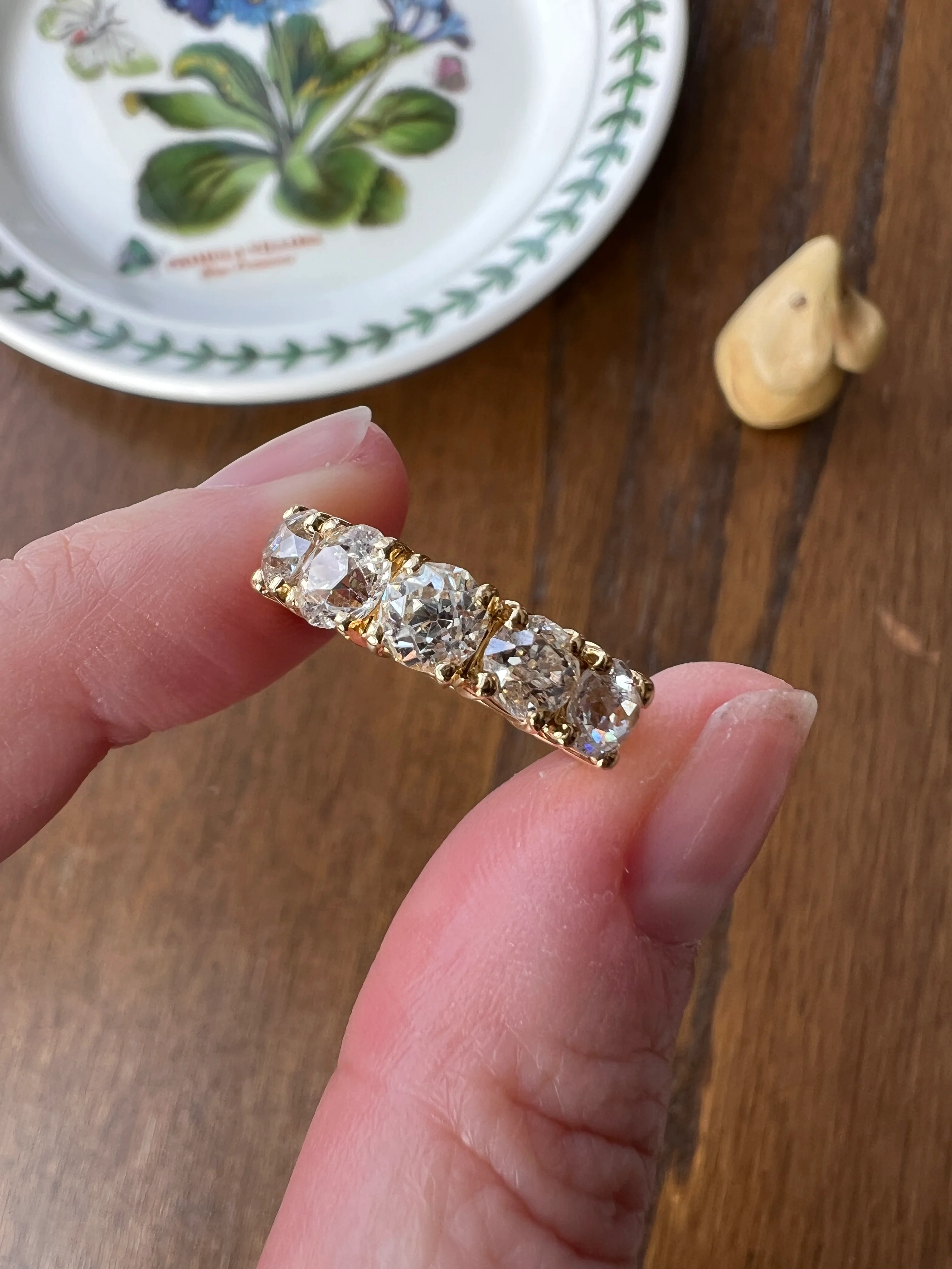 Chunky 2 1/2 Carat Old Mine Cut Antique DIAMOND Five Stone Band Line Ring 18k Gold French Vintage Setting Stacker - Image 16
