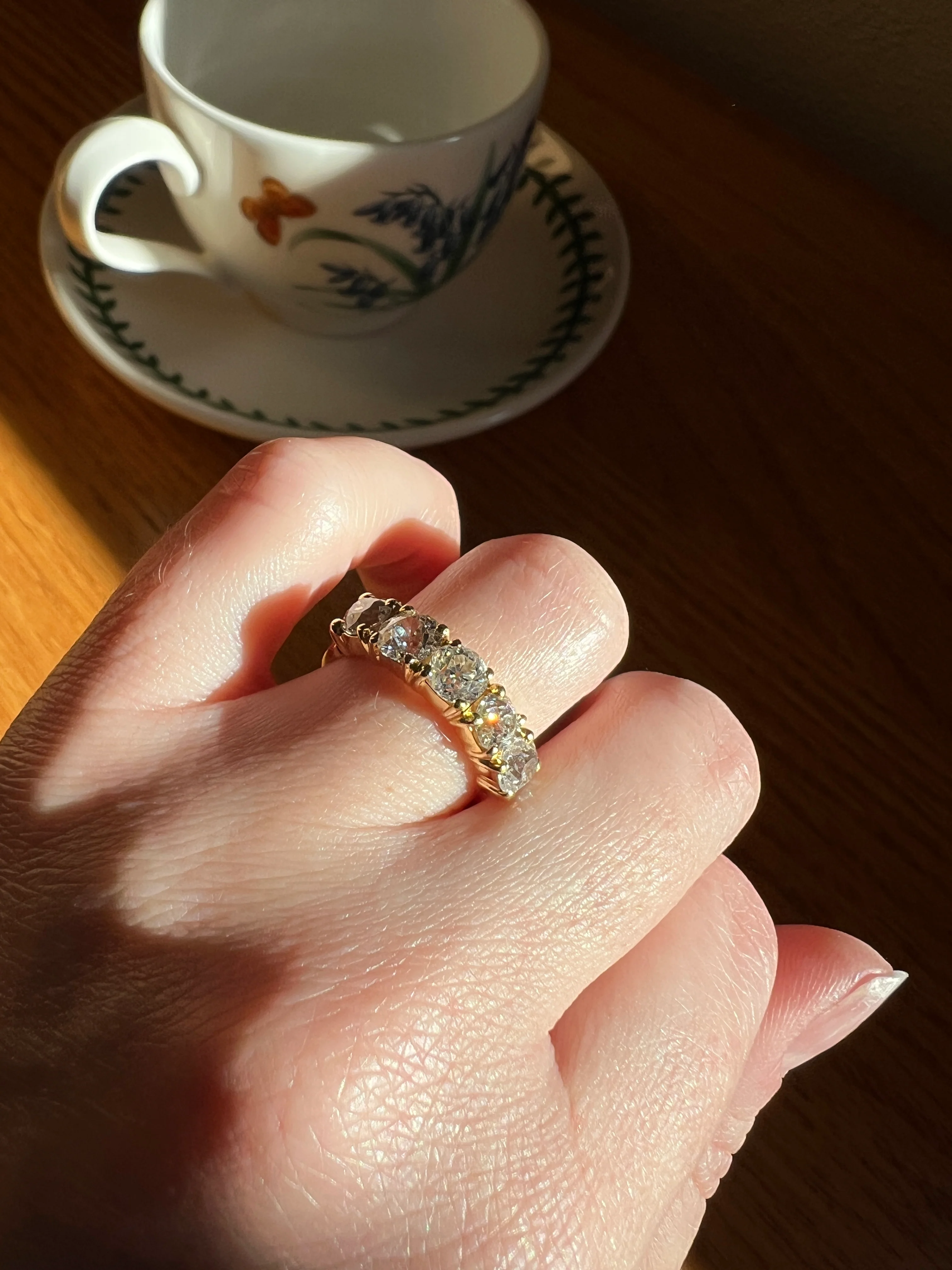 Chunky 2 1/2 Carat Old Mine Cut Antique DIAMOND Five Stone Band Line Ring 18k Gold French Vintage Setting Stacker - Image 32