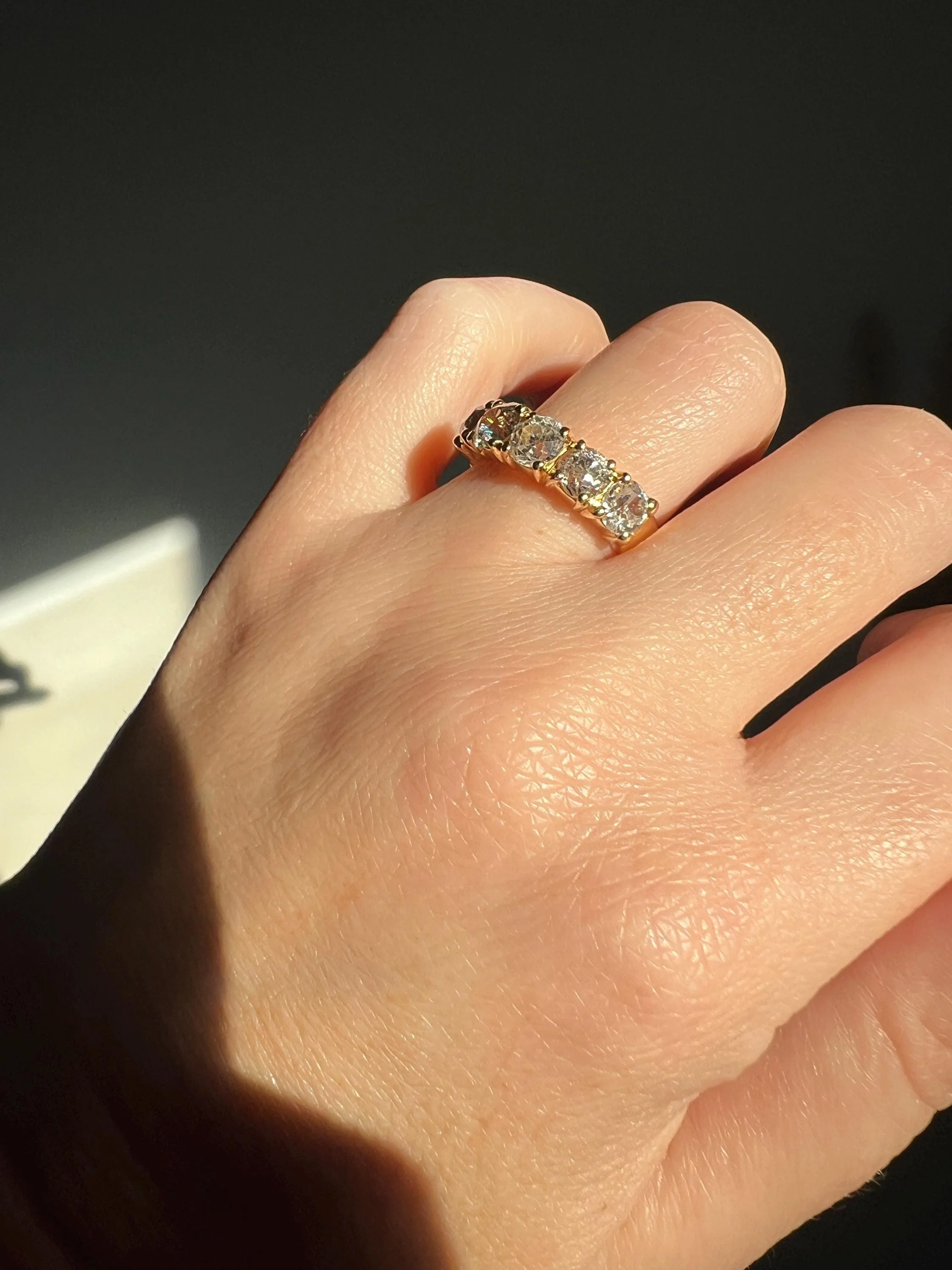 Chunky 2 1/2 Carat Old Mine Cut Antique DIAMOND Five Stone Band Line Ring 18k Gold French Vintage Setting Stacker - Image 8
