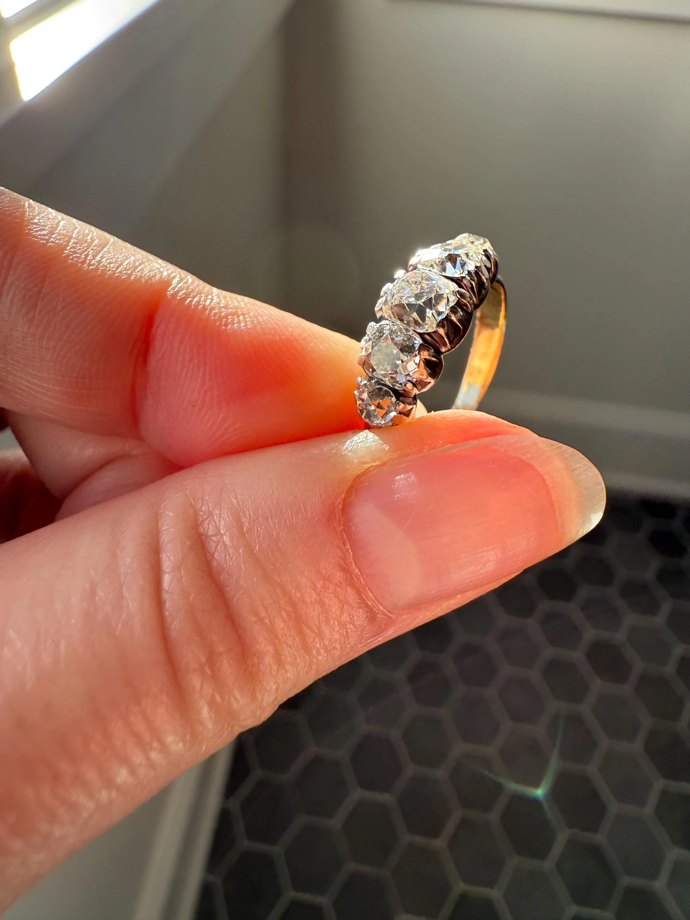 Chunky 2 Carats Old Mine Cut DIAMOND Five Stone Stacker Band Early Victorian Open Back Antique 18k Gold Silver Collet Georgian Stacker OMC - Image 10