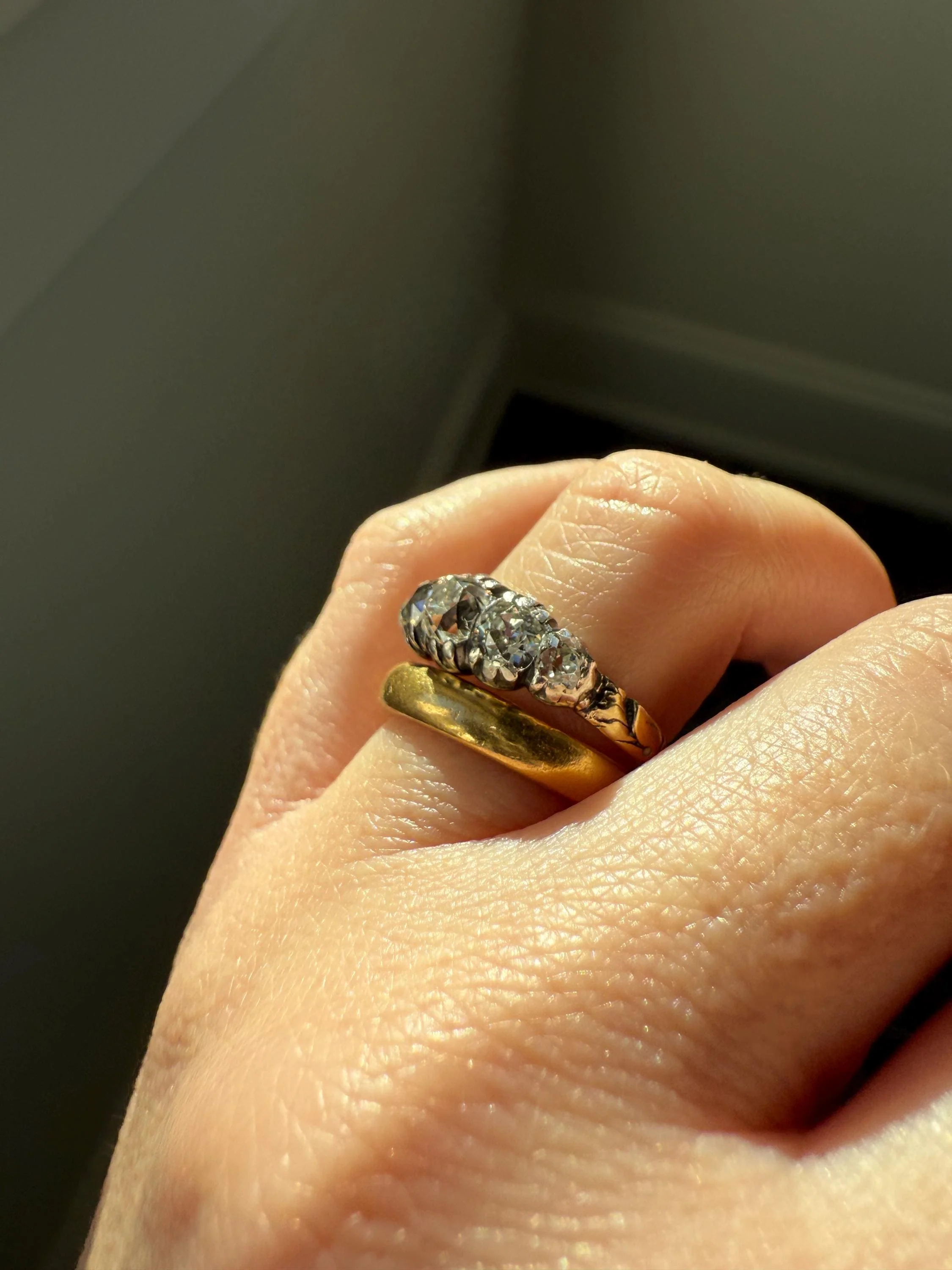 Chunky 2 Carats Old Mine Cut DIAMOND Five Stone Stacker Band Early Victorian Open Back Antique 18k Gold Silver Collet Georgian Stacker OMC - Image 12