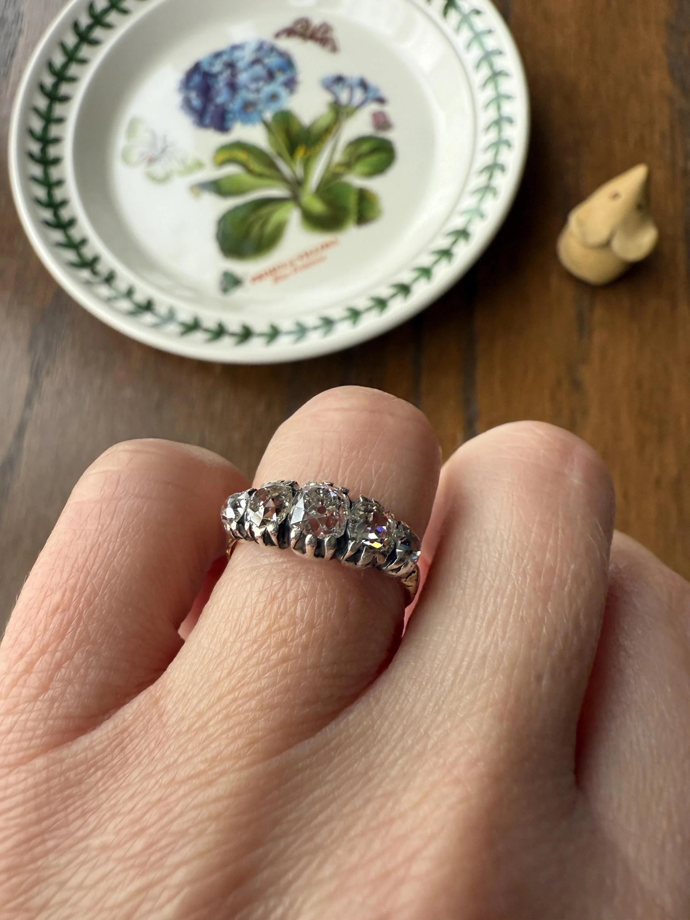 Chunky 2 Carats Old Mine Cut DIAMOND Five Stone Stacker Band Early Victorian Open Back Antique 18k Gold Silver Collet Georgian Stacker OMC - Image 17
