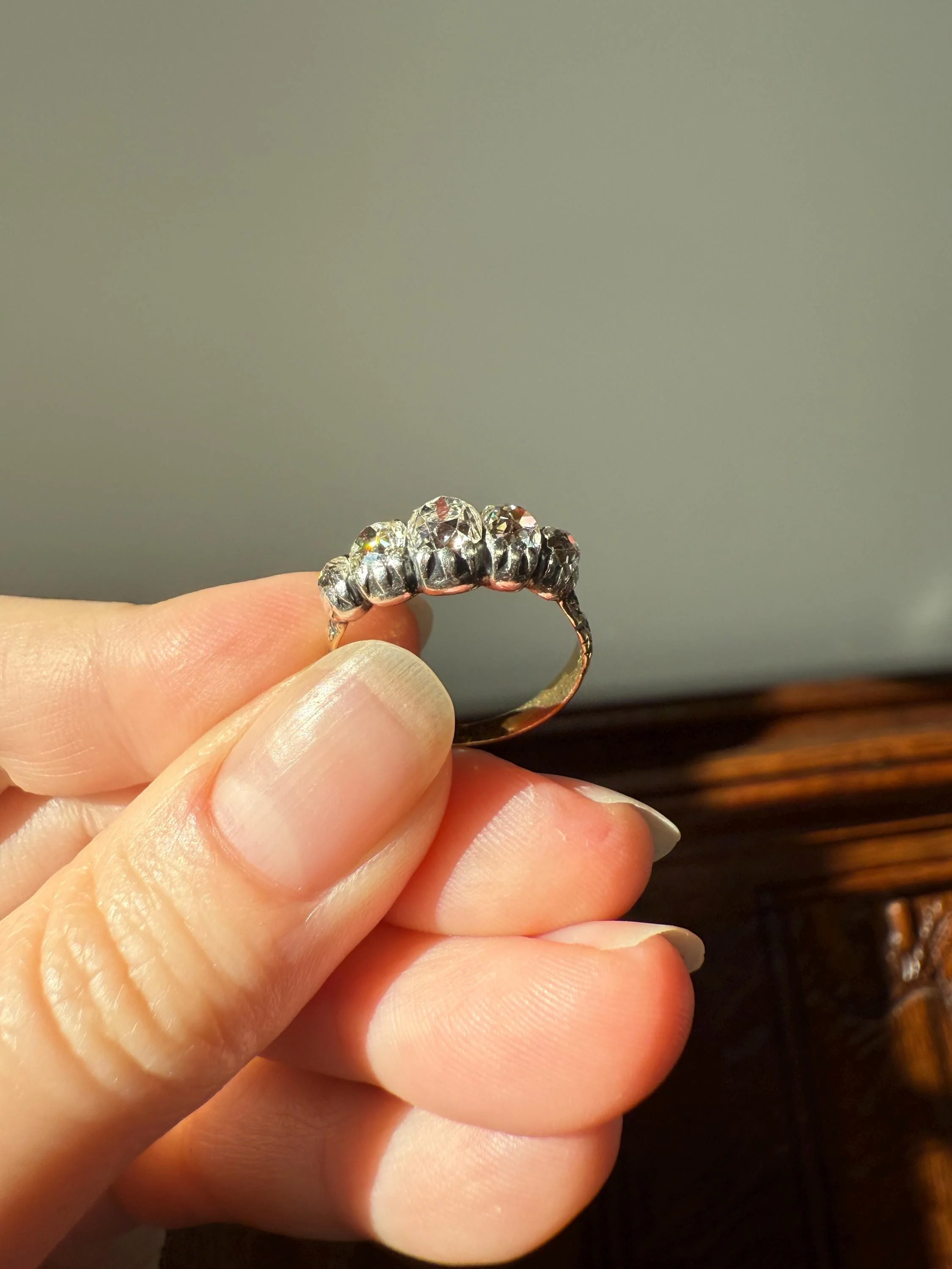 Chunky 2 Carats Old Mine Cut DIAMOND Five Stone Stacker Band Early Victorian Open Back Antique 18k Gold Silver Collet Georgian Stacker OMC - Image 19