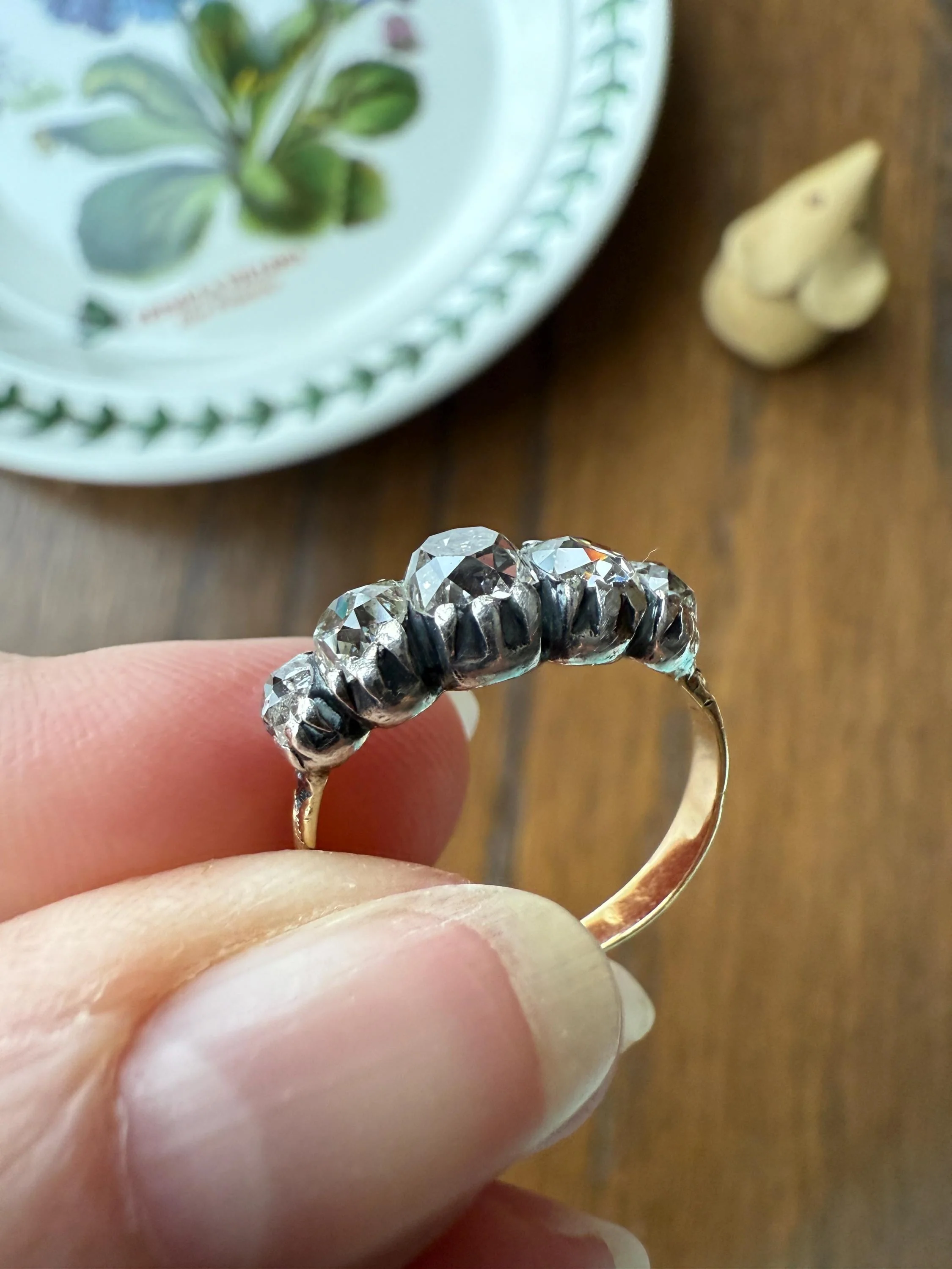 Chunky 2 Carats Old Mine Cut DIAMOND Five Stone Stacker Band Early Victorian Open Back Antique 18k Gold Silver Collet Georgian Stacker OMC - Image 2