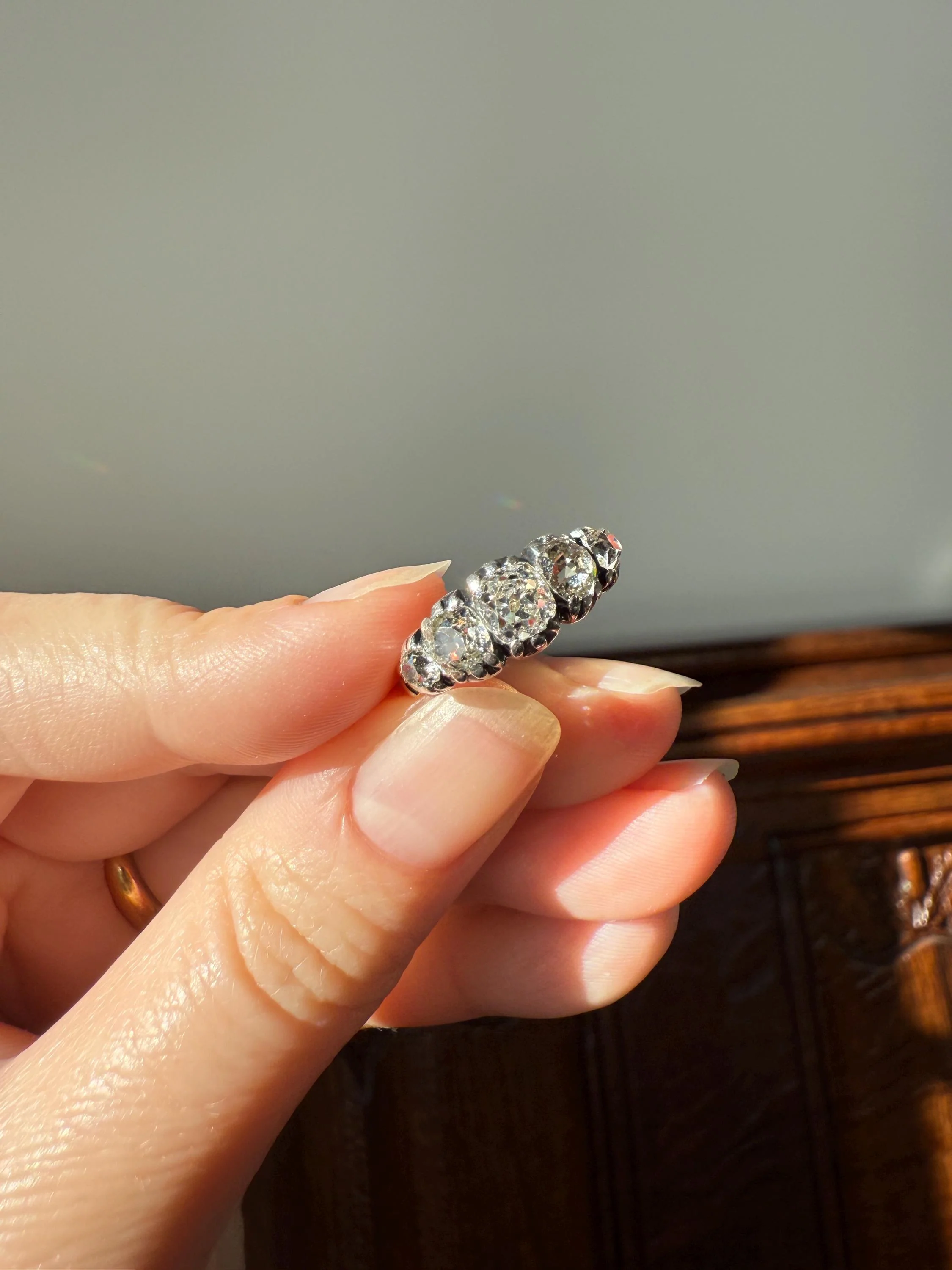 Chunky 2 Carats Old Mine Cut DIAMOND Five Stone Stacker Band Early Victorian Open Back Antique 18k Gold Silver Collet Georgian Stacker OMC - Image 21