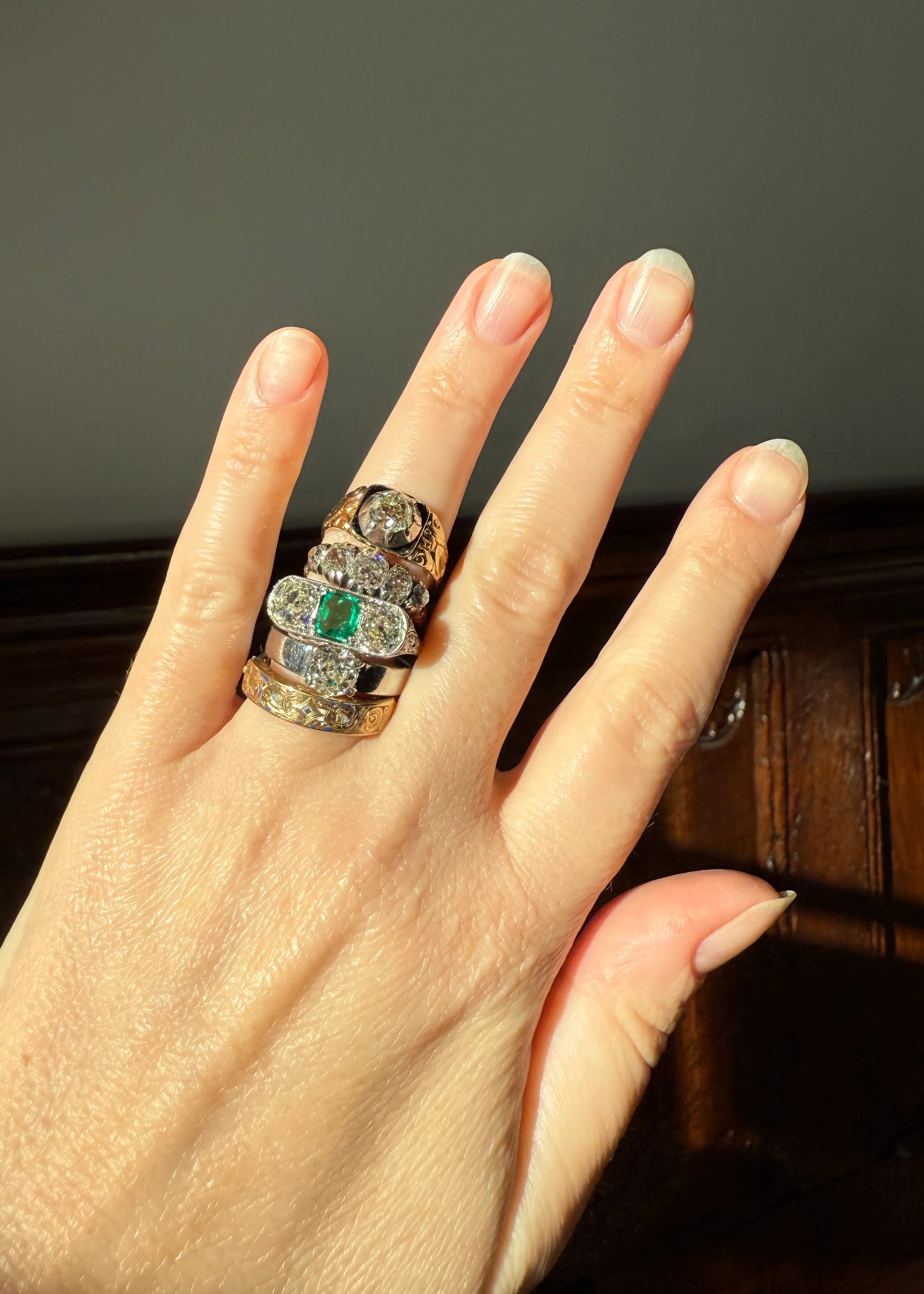 Chunky 2 Carats Old Mine Cut DIAMOND Five Stone Stacker Band Early Victorian Open Back Antique 18k Gold Silver Collet Georgian Stacker OMC - Image 26