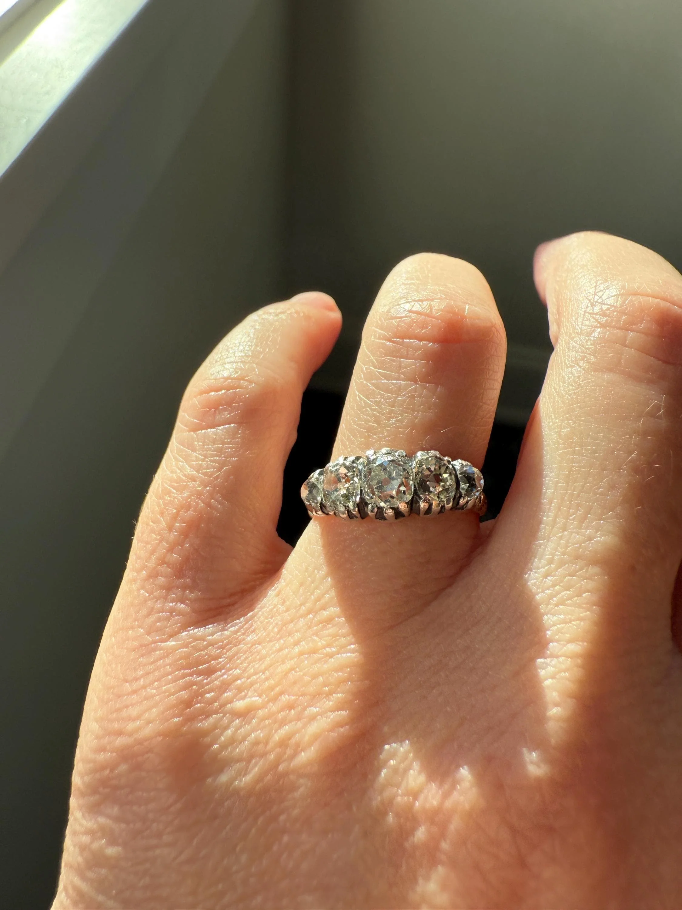 Chunky 2 Carats Old Mine Cut DIAMOND Five Stone Stacker Band Early Victorian Open Back Antique 18k Gold Silver Collet Georgian Stacker OMC - Image 3