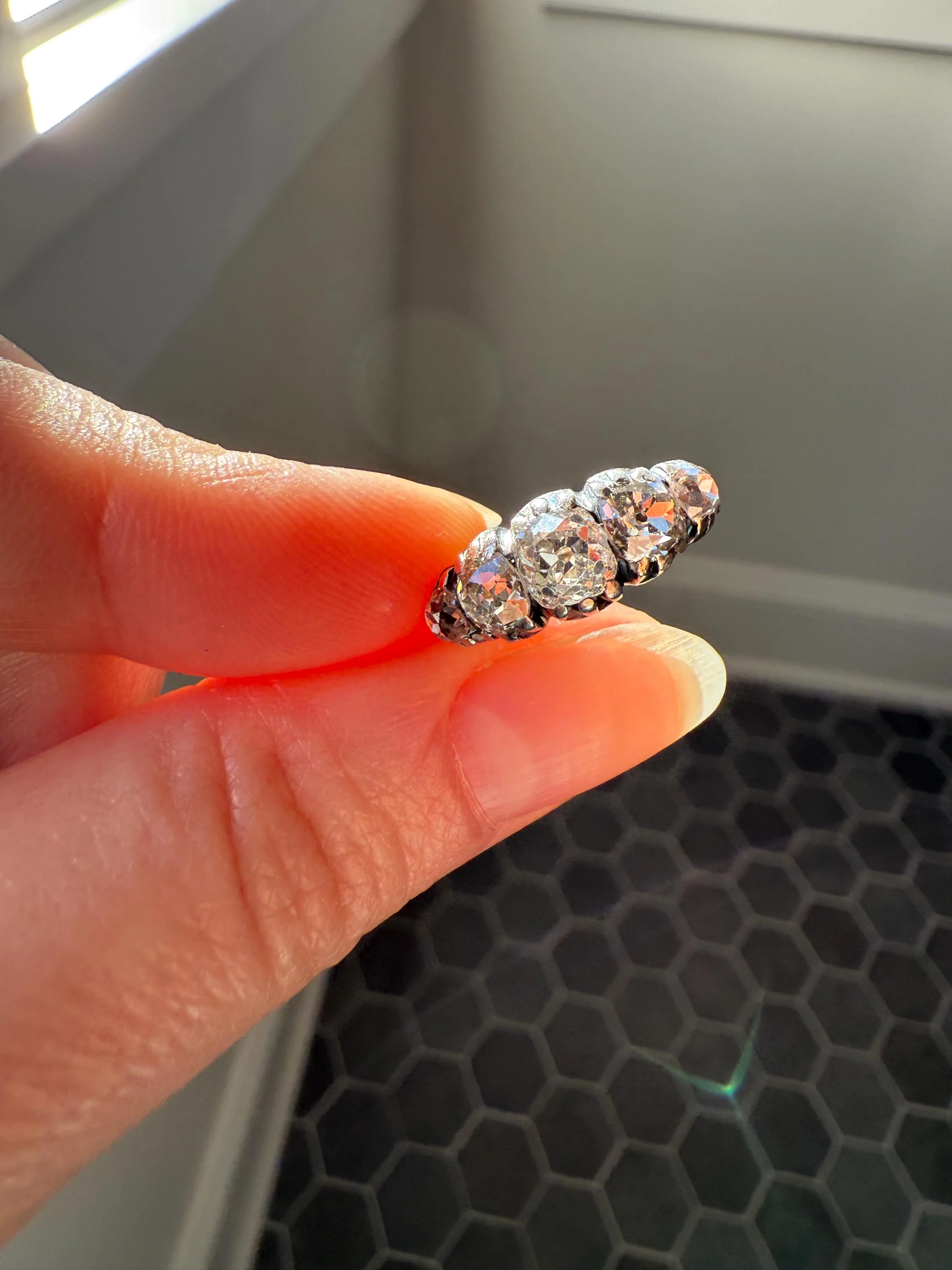 Chunky 2 Carats Old Mine Cut DIAMOND Five Stone Stacker Band Early Victorian Open Back Antique 18k Gold Silver Collet Georgian Stacker OMC - Image 4