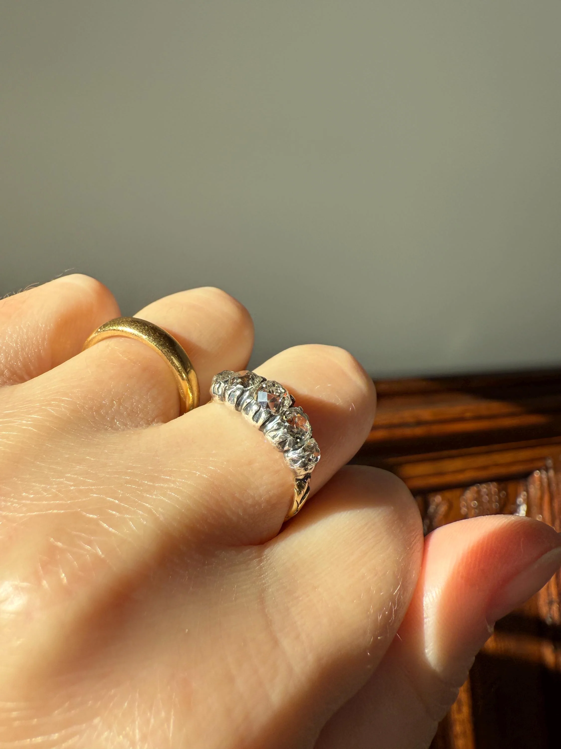 Chunky 2 Carats Old Mine Cut DIAMOND Five Stone Stacker Band Early Victorian Open Back Antique 18k Gold Silver Collet Georgian Stacker OMC - Image 6