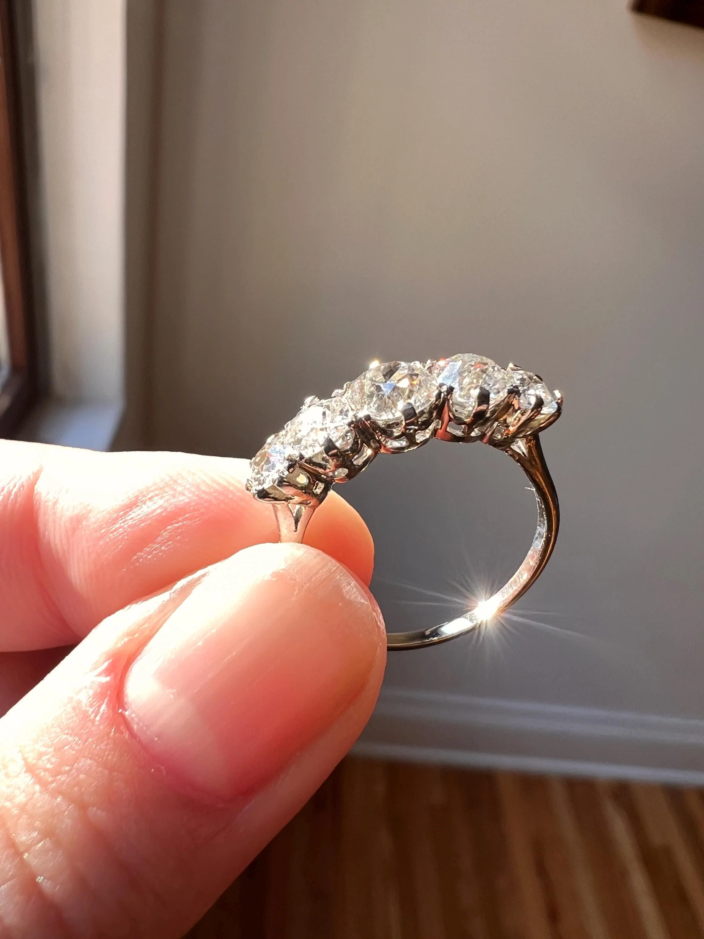 Chunky Antique 1.6 Carat Old Mine Cut DIAMOND 5 Five Stone Band Ring 14k White Gold - Image 4