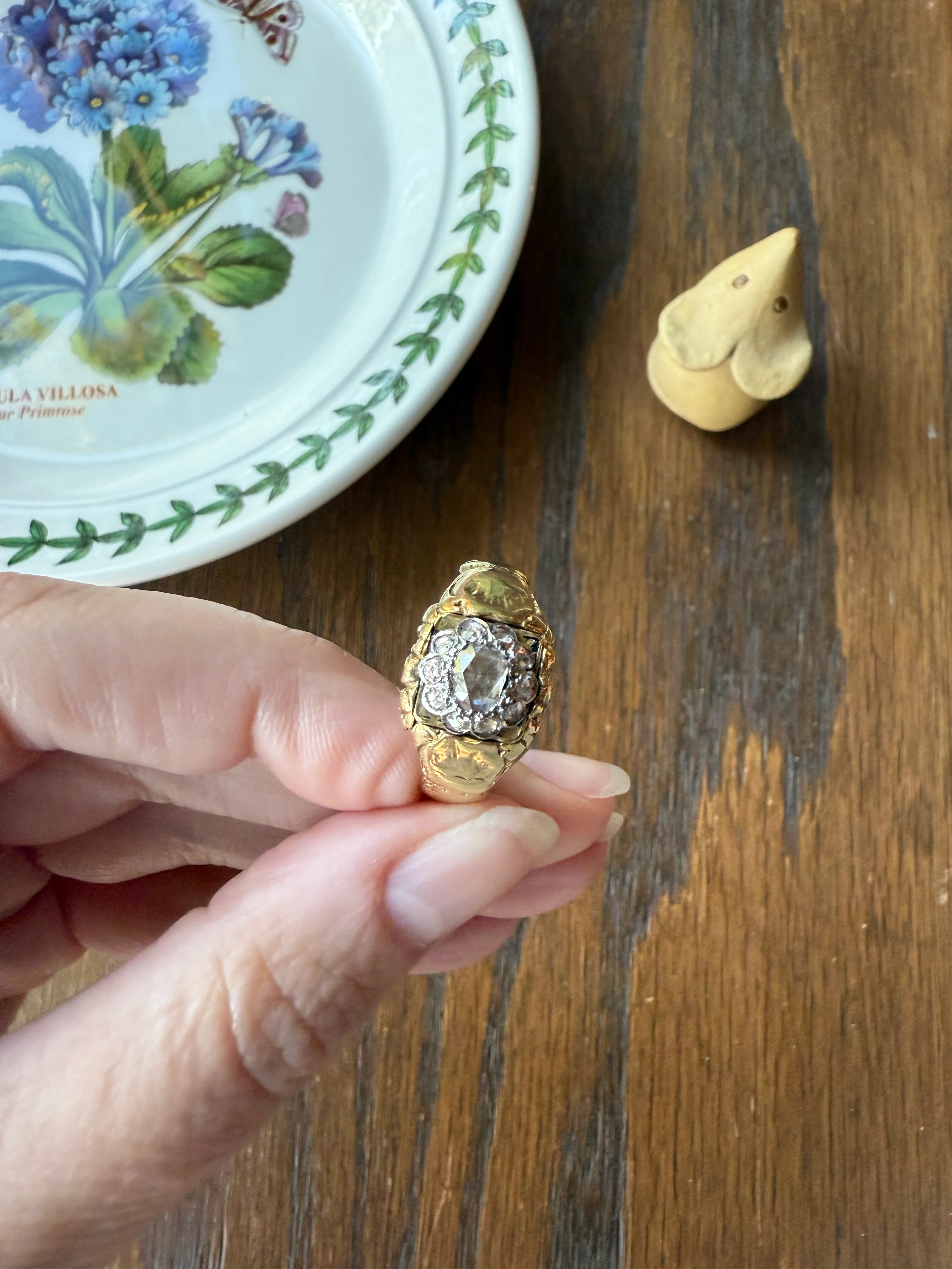 Chunky ANTIQUE Rose Cut Diamond Daisy Cluster Wide Band Heavy 18k Gold Gypsy Georgian Victorian Signet Man or Unisex Face Up 1 Carat Pink - Image 14
