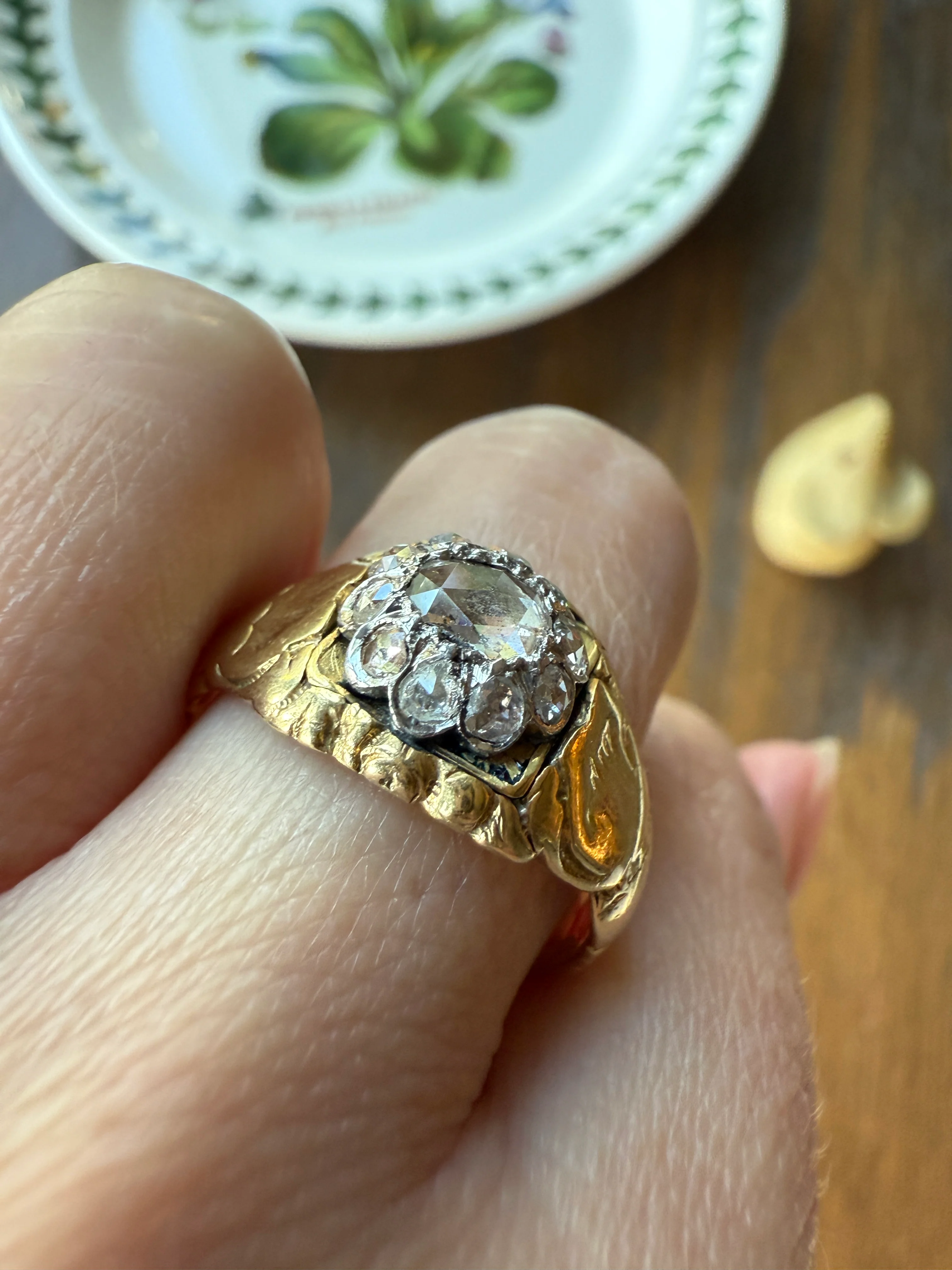 Chunky ANTIQUE Rose Cut Diamond Daisy Cluster Wide Band Heavy 18k Gold Gypsy Georgian Victorian Signet Man or Unisex Face Up 1 Carat Pink - Image 15