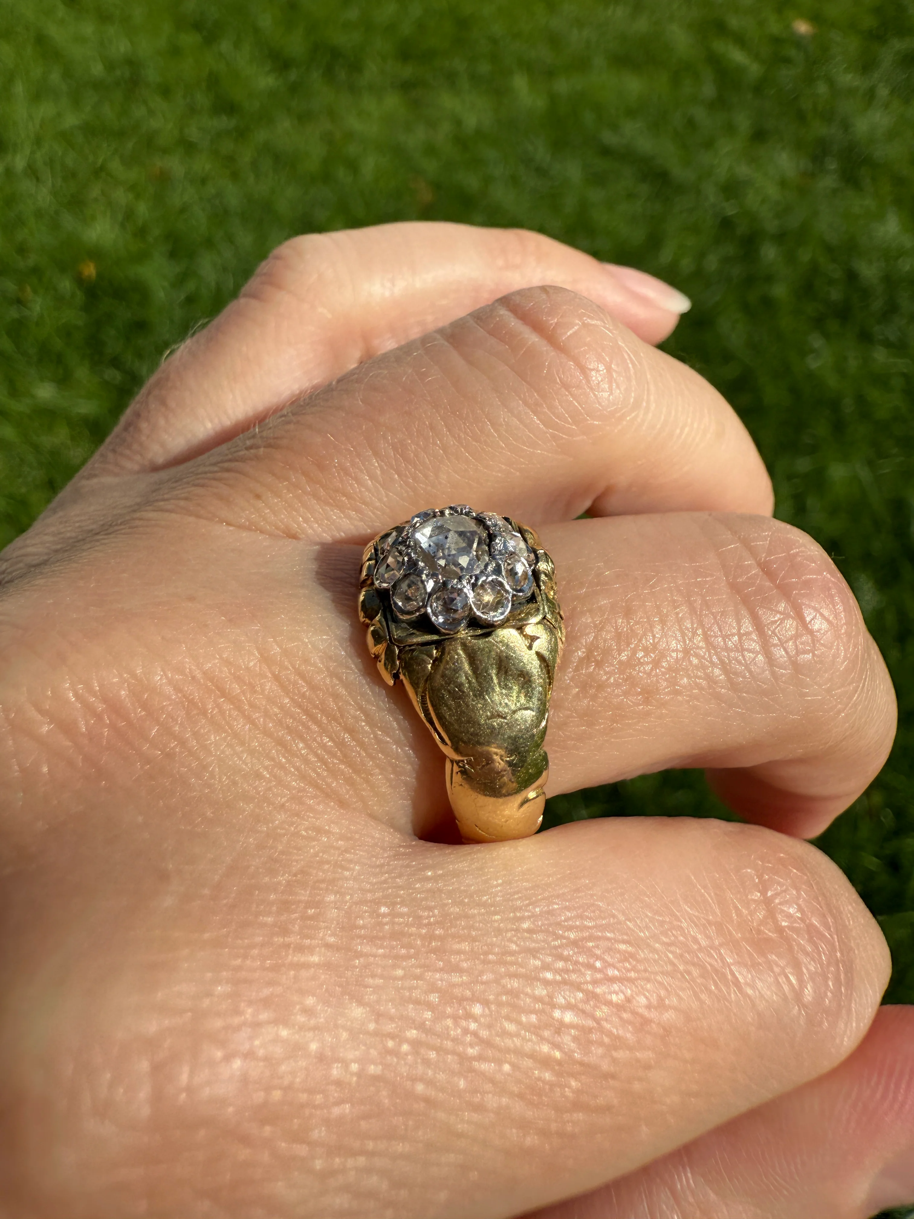 Chunky ANTIQUE Rose Cut Diamond Daisy Cluster Wide Band Heavy 18k Gold Gypsy Georgian Victorian Signet Man or Unisex Face Up 1 Carat Pink - Image 21