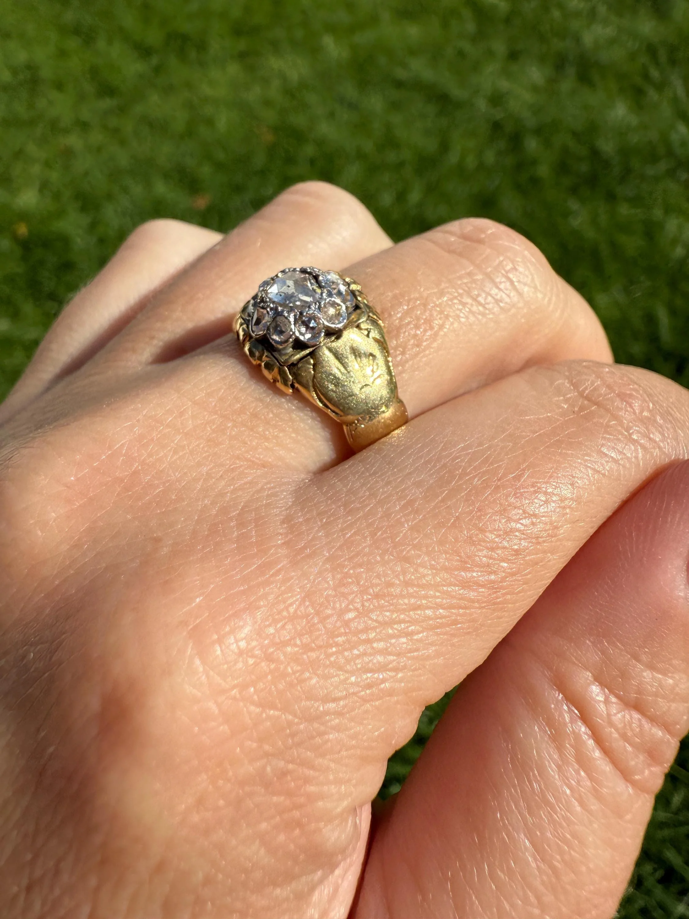 Chunky ANTIQUE Rose Cut Diamond Daisy Cluster Wide Band Heavy 18k Gold Gypsy Georgian Victorian Signet Man or Unisex Face Up 1 Carat Pink - Image 3