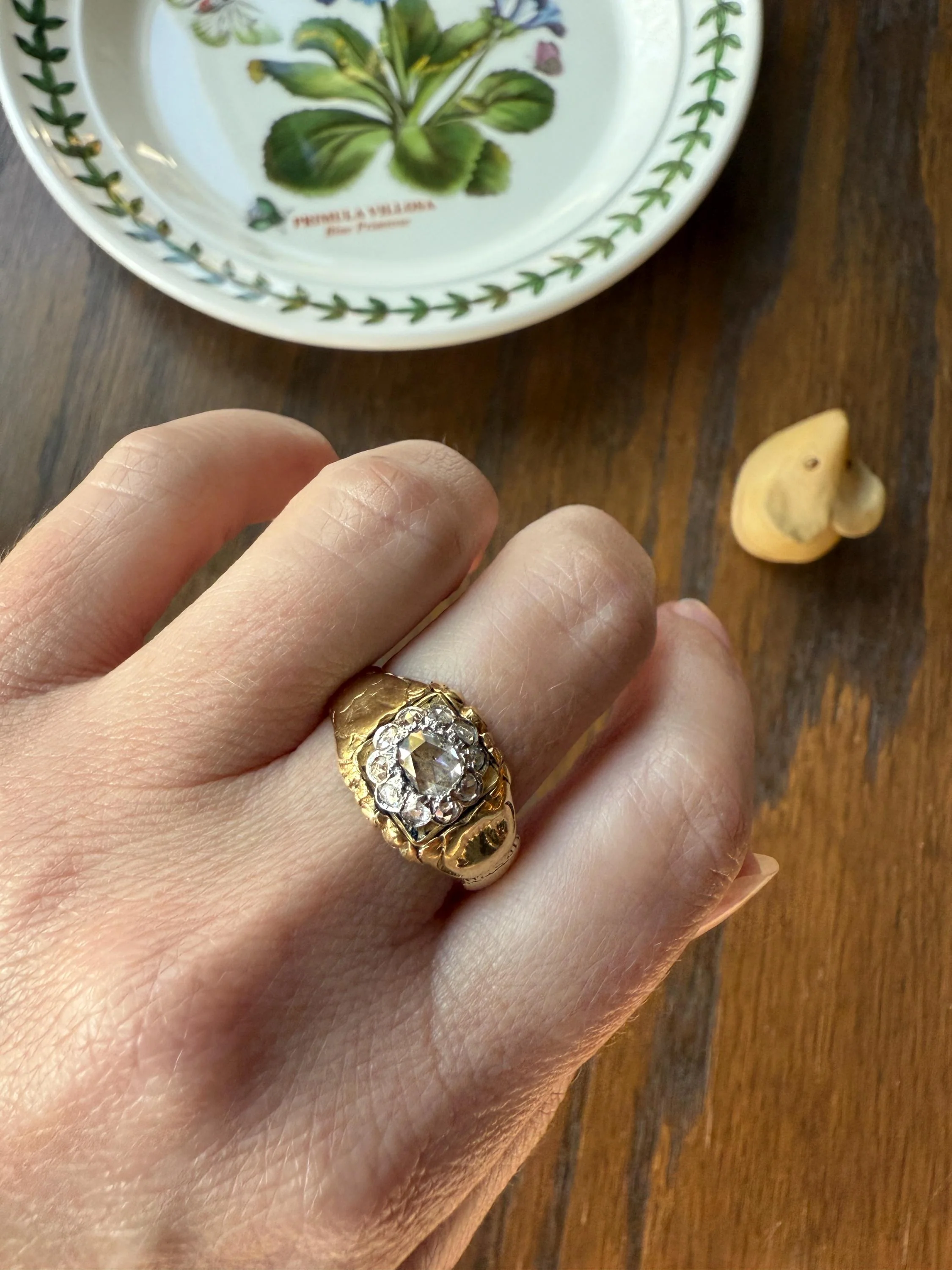 Chunky ANTIQUE Rose Cut Diamond Daisy Cluster Wide Band Heavy 18k Gold Gypsy Georgian Victorian Signet Man or Unisex Face Up 1 Carat Pink - Image 4