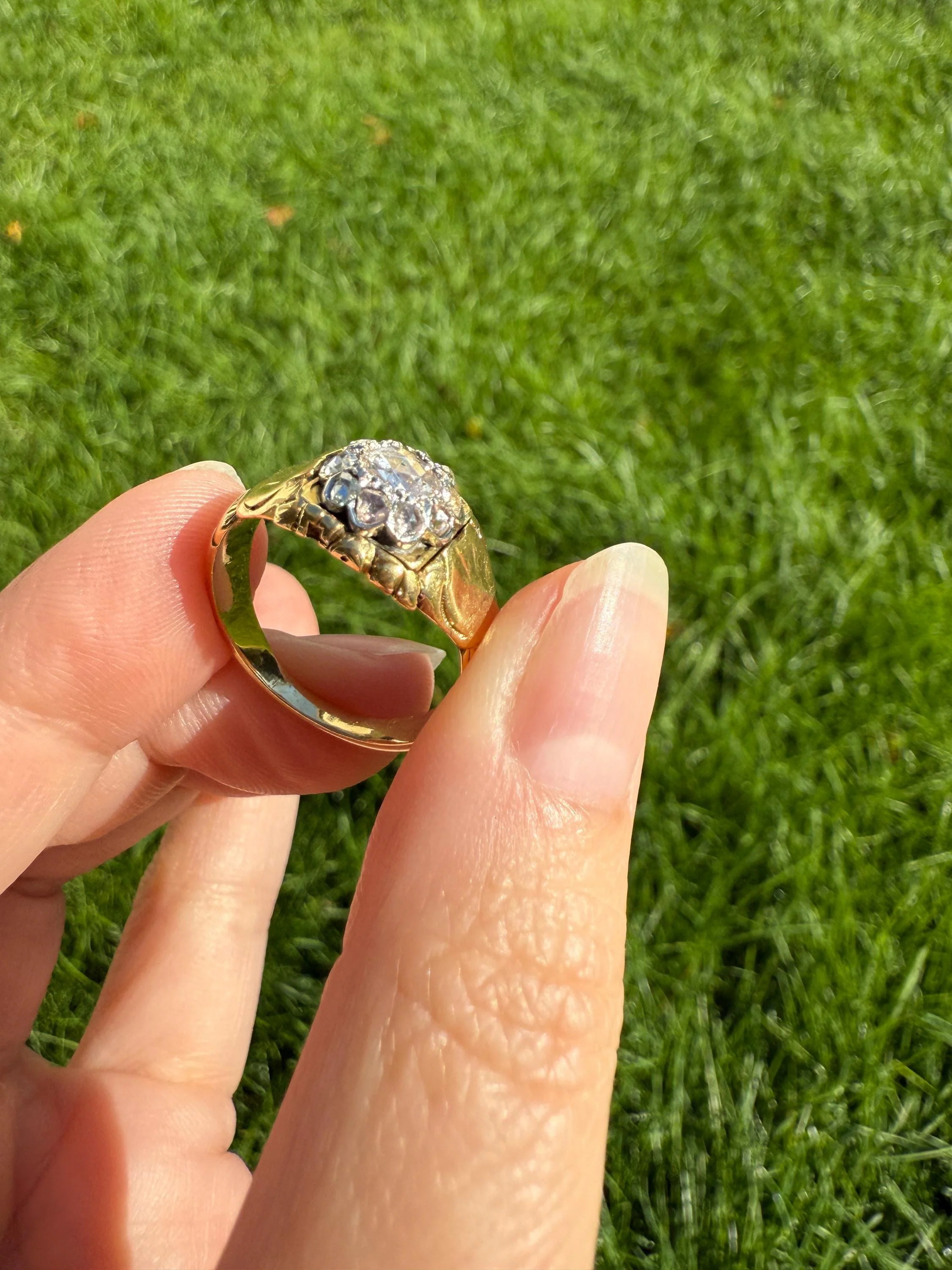 Chunky ANTIQUE Rose Cut Diamond Daisy Cluster Wide Band Heavy 18k Gold Gypsy Georgian Victorian Signet Man or Unisex Face Up 1 Carat Pink - Image 6