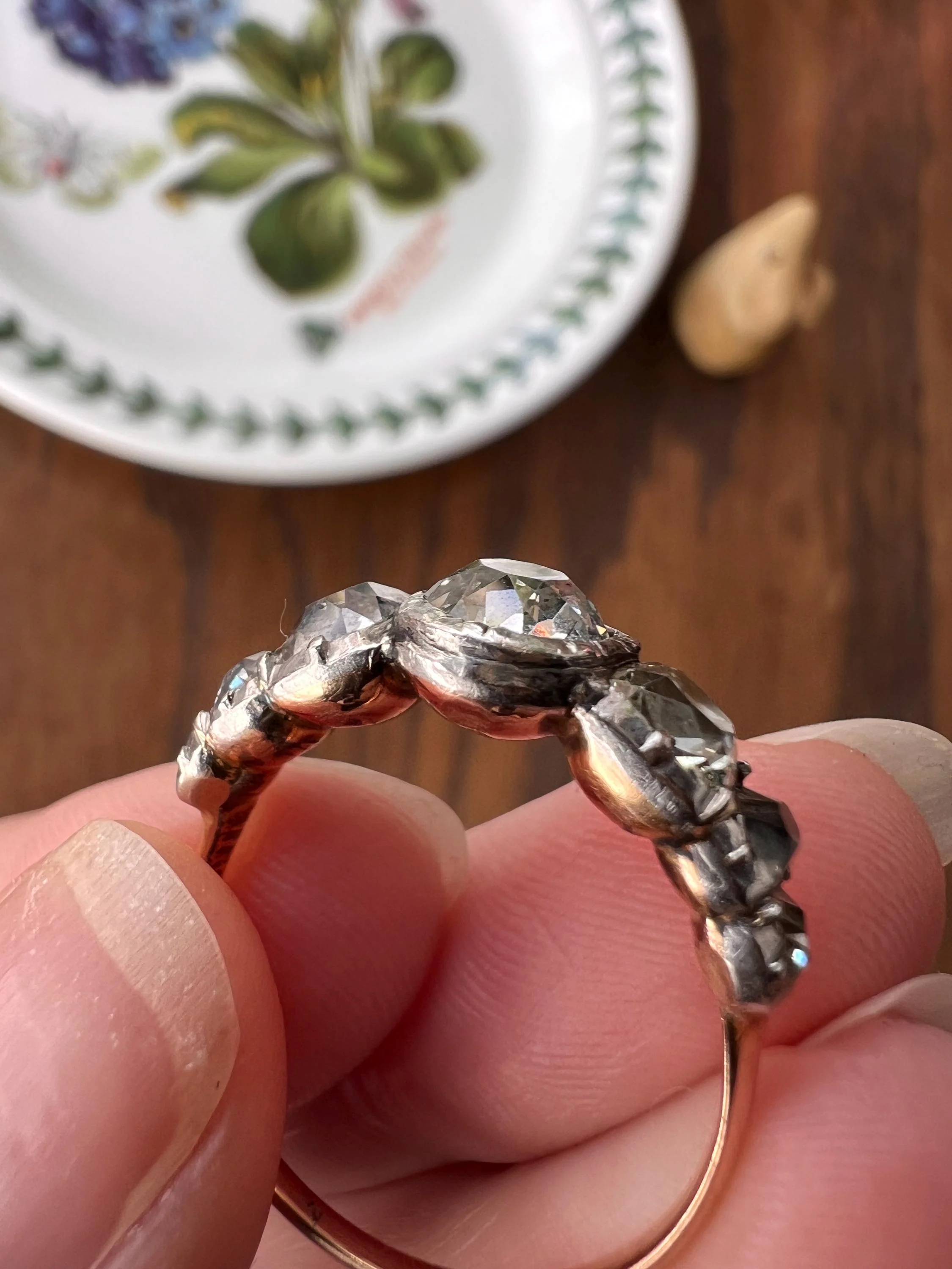 Chunky Three Carat Peruzzi Old Mine Cut DIAMOND Antique Domed Seven Stone HALF HOOP 18k Gold Ring Georgian Band - Image 2