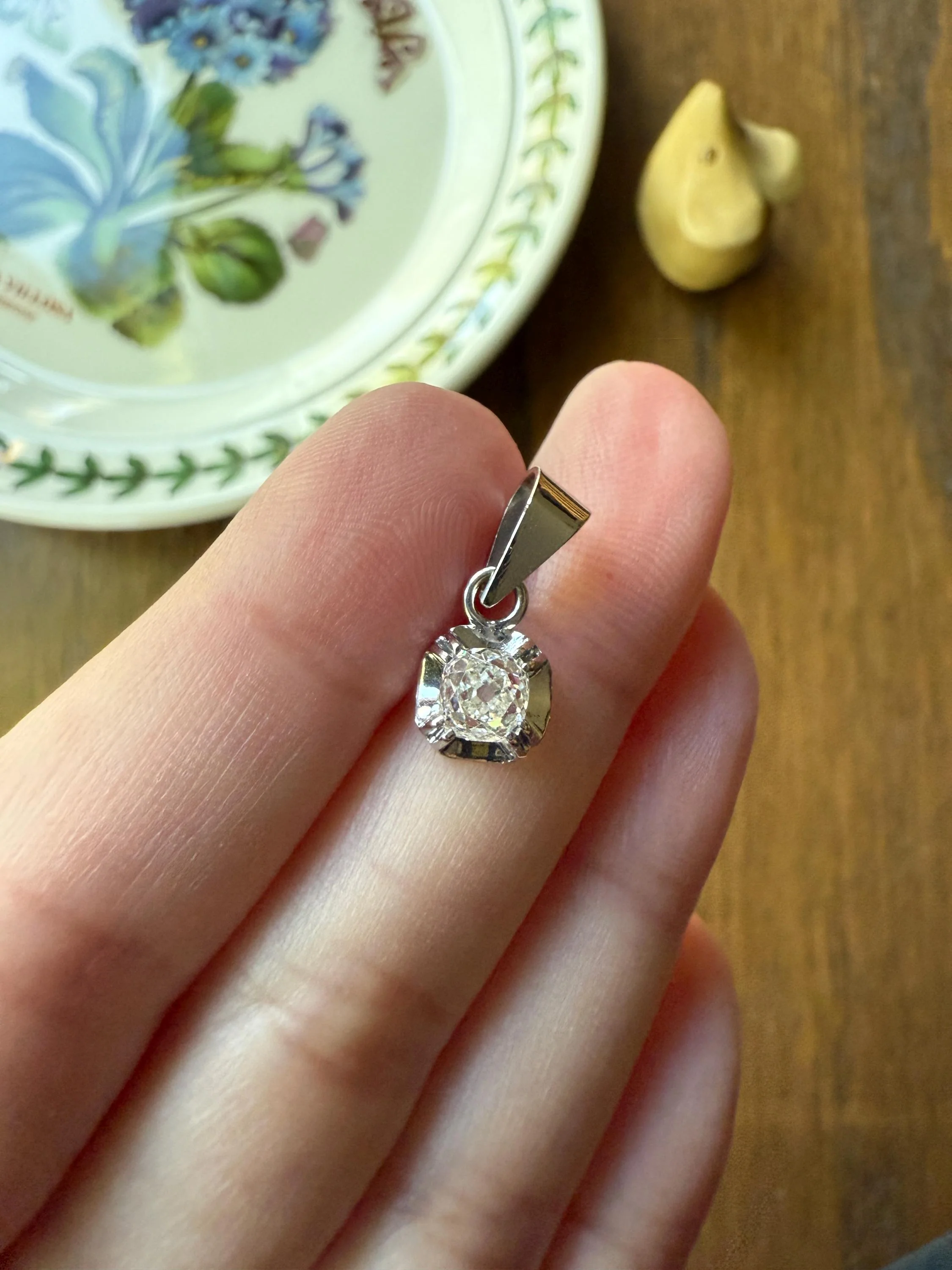 CHUNKY Eye Clean .6 Carat Old Mine Cut DIAMOND Antique 18k White Gold & Platinum Buttercup Pendant - Image 6