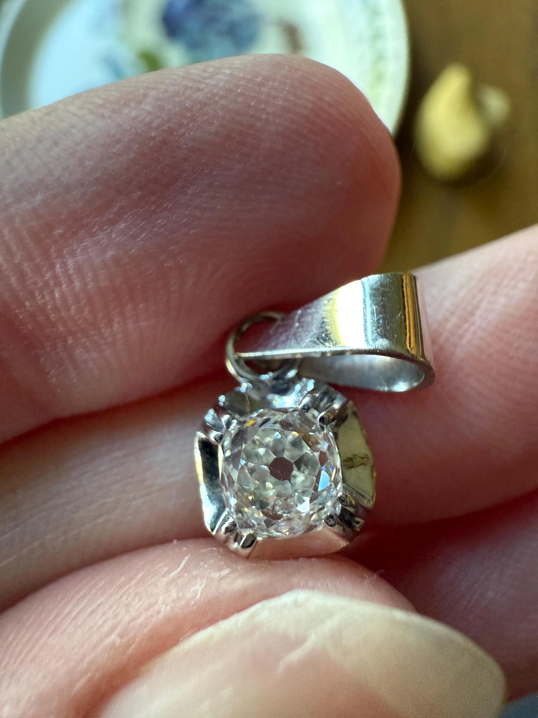 CHUNKY Eye Clean .6 Carat Old Mine Cut DIAMOND Antique 18k White Gold & Platinum Buttercup Pendant - Image 7