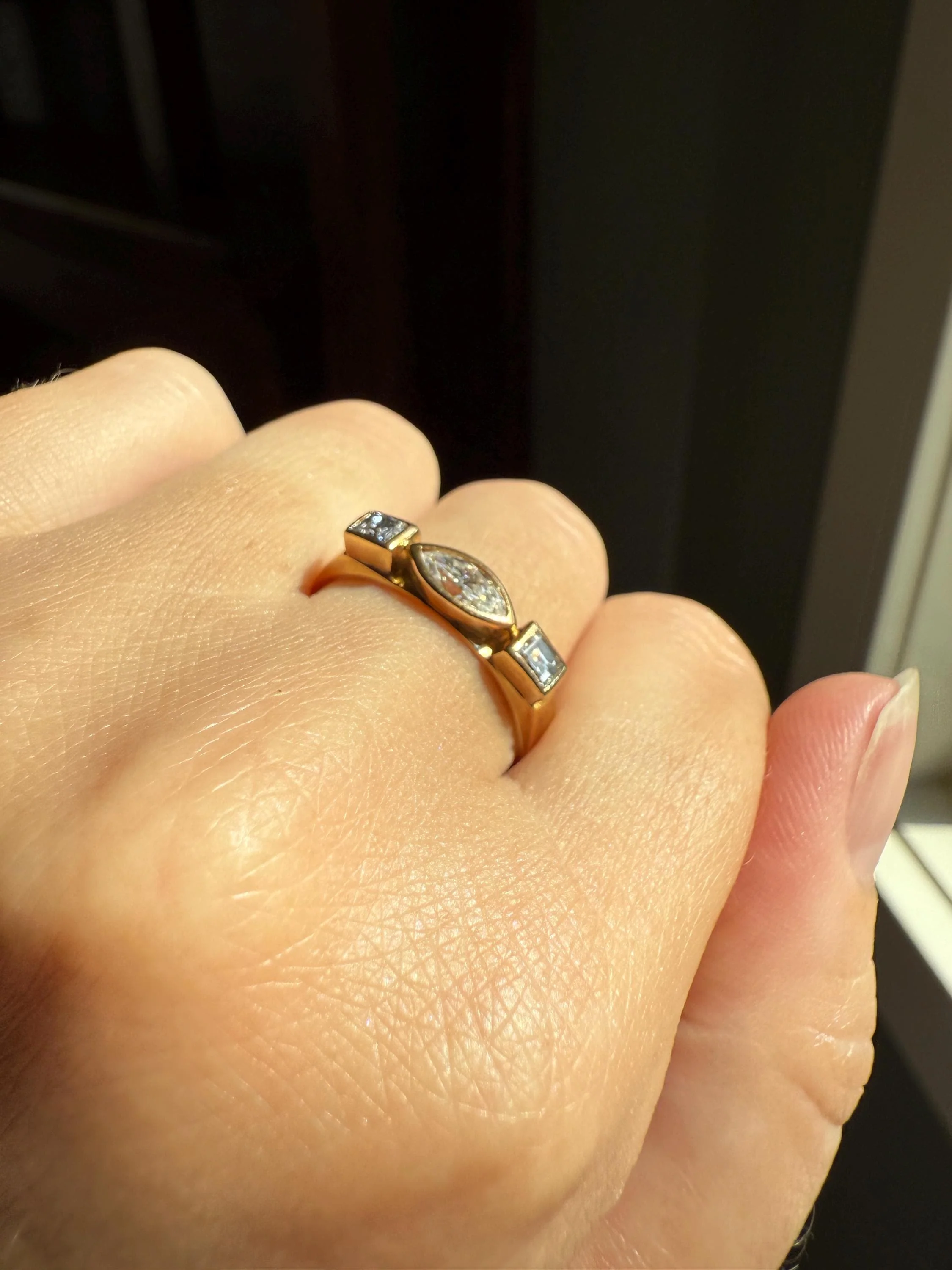 Chunky Geometric Three Stone DIAMOND Vintage Wide Band .8 Carat Marquise & Rectangular Step Cut Ring 18k Gold Stacker Bezel Set .8Ctw - Image 2