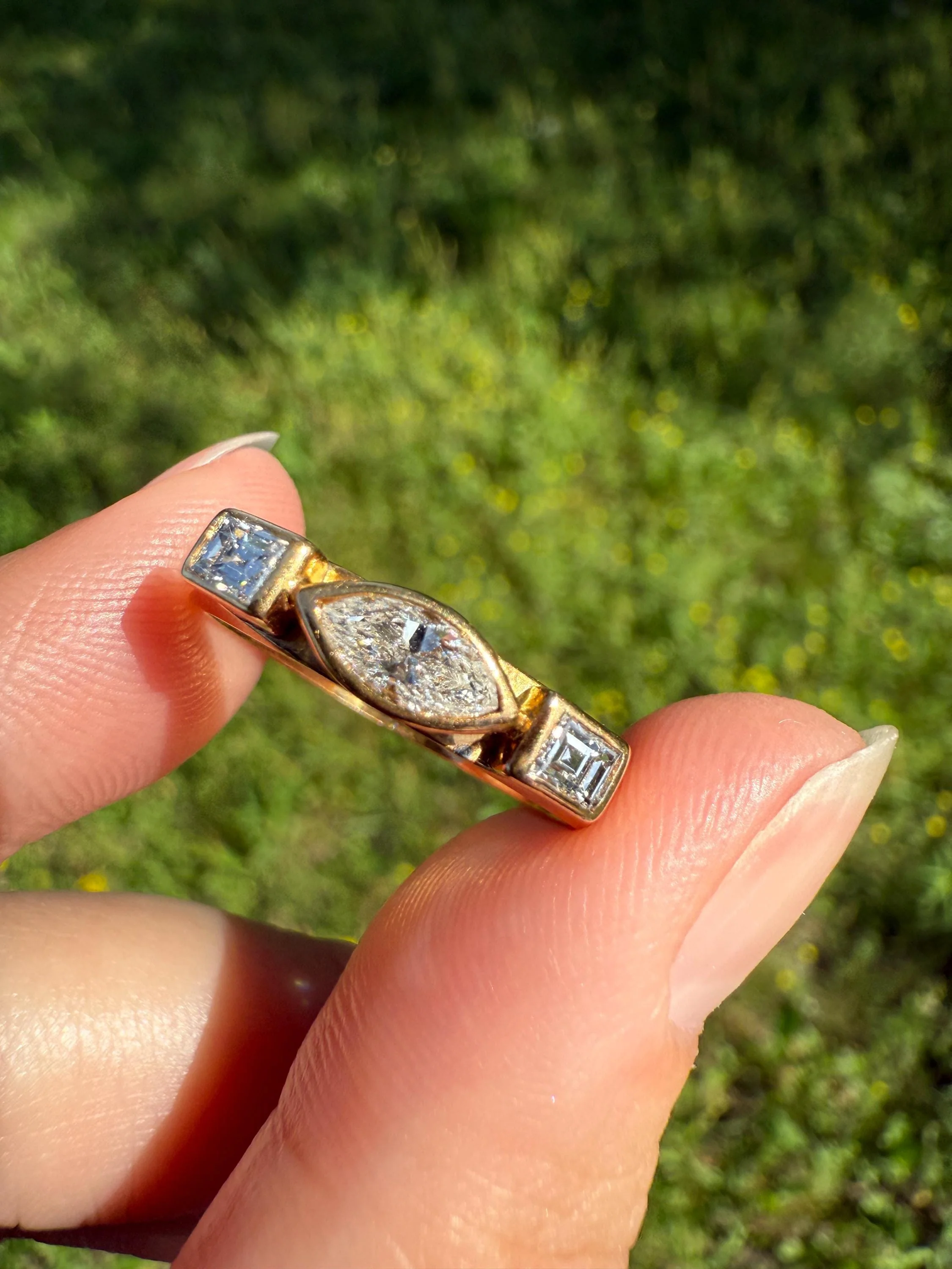 Chunky Geometric Three Stone DIAMOND Vintage Wide Band .8 Carat Marquise & Rectangular Step Cut Ring 18k Gold Stacker Bezel Set .8Ctw - Image 3