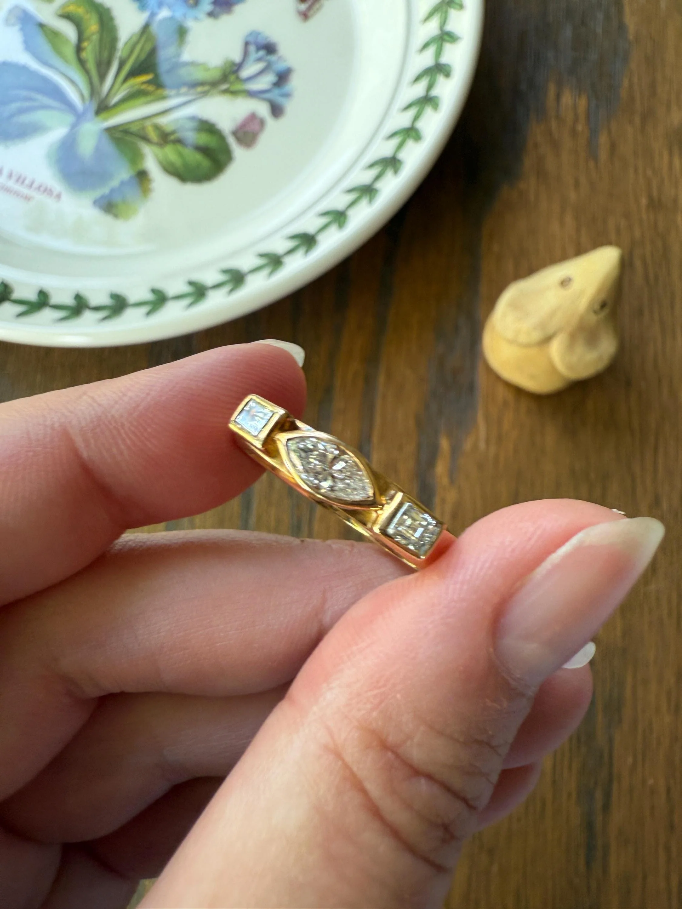 Chunky Geometric Three Stone DIAMOND Vintage Wide Band .8 Carat Marquise & Rectangular Step Cut Ring 18k Gold Stacker Bezel Set .8Ctw - Image 4