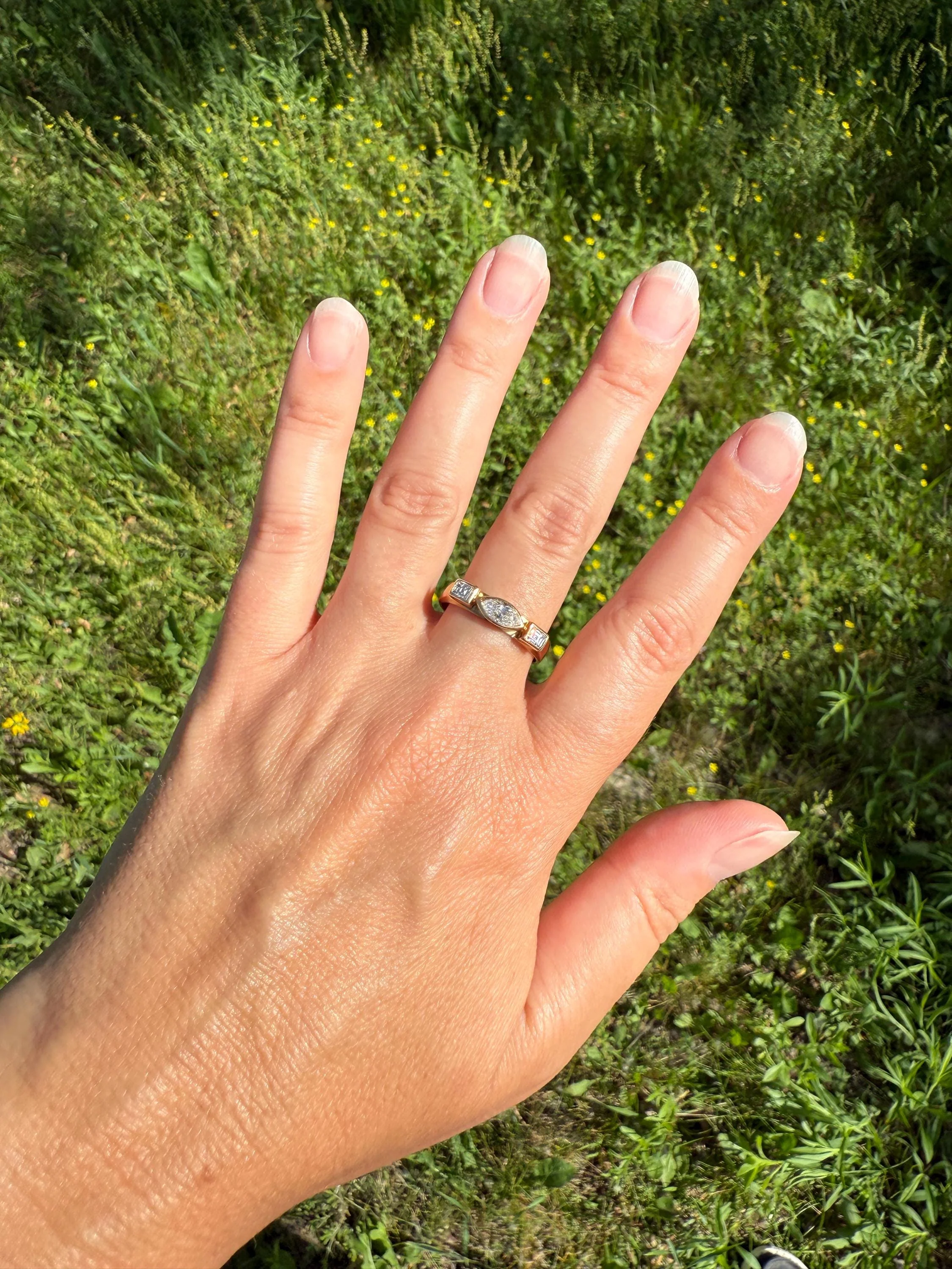 Chunky Geometric Three Stone DIAMOND Vintage Wide Band .8 Carat Marquise & Rectangular Step Cut Ring 18k Gold Stacker Bezel Set .8Ctw - Image 6