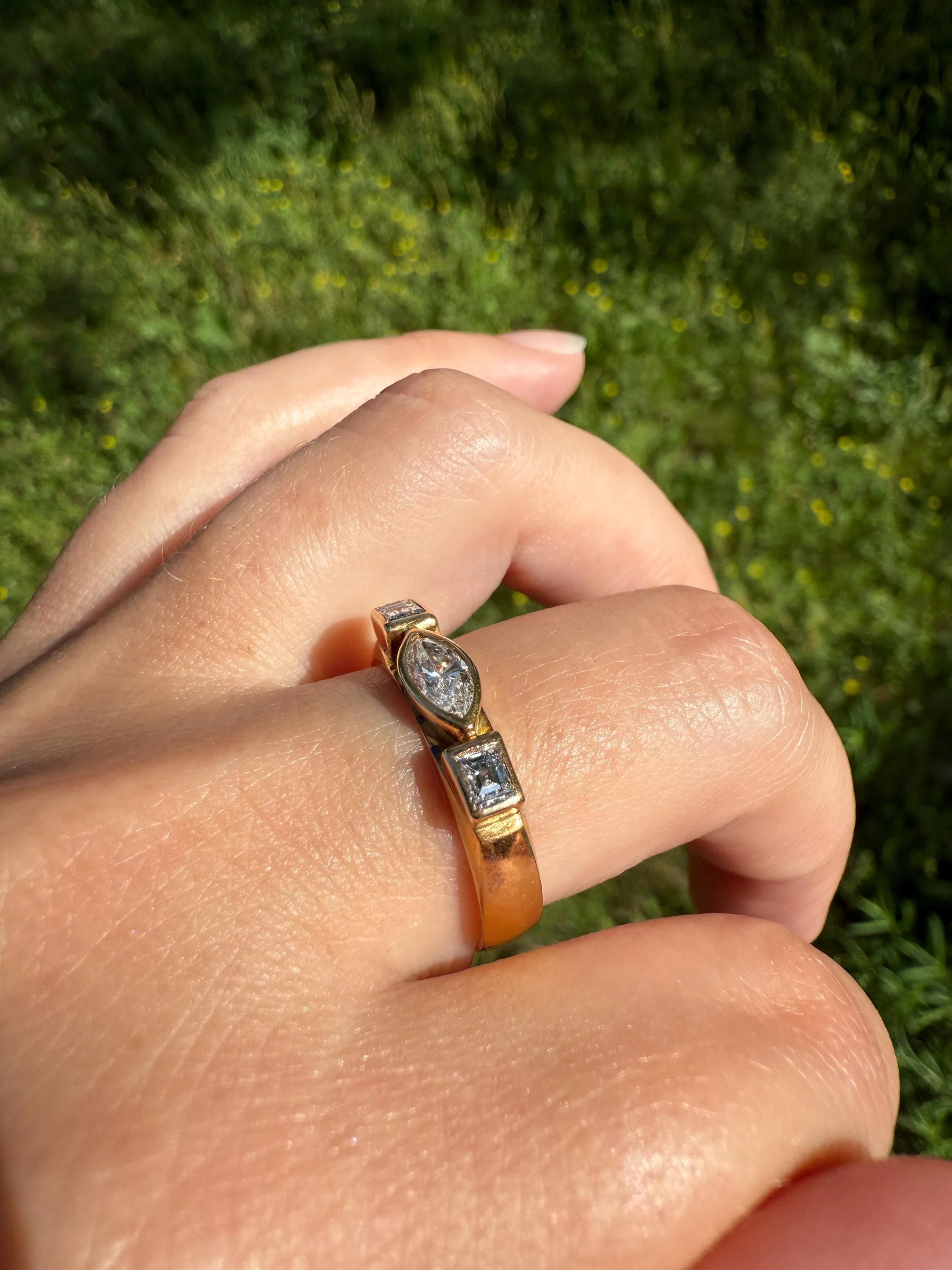 Chunky Geometric Three Stone DIAMOND Vintage Wide Band .8 Carat Marquise & Rectangular Step Cut Ring 18k Gold Stacker Bezel Set .8Ctw - Image 7