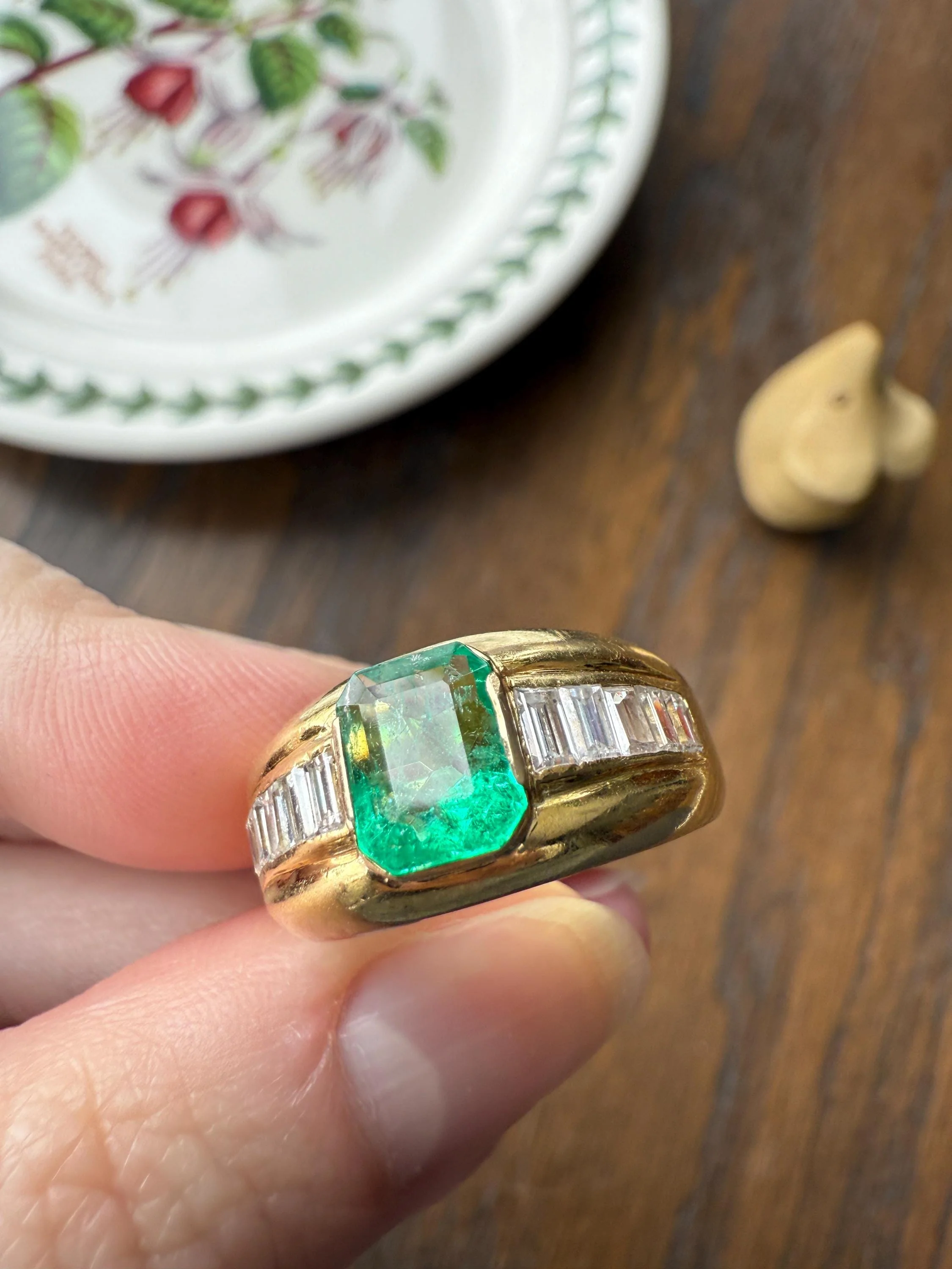 Chunky Green EMERALD Baguette Cut DIAMOND 6g 18k Gold Solid Vintage Gypsy Ring Domed Retro Wide Band Natural Geometric Stacker Man Unisex - Image 10