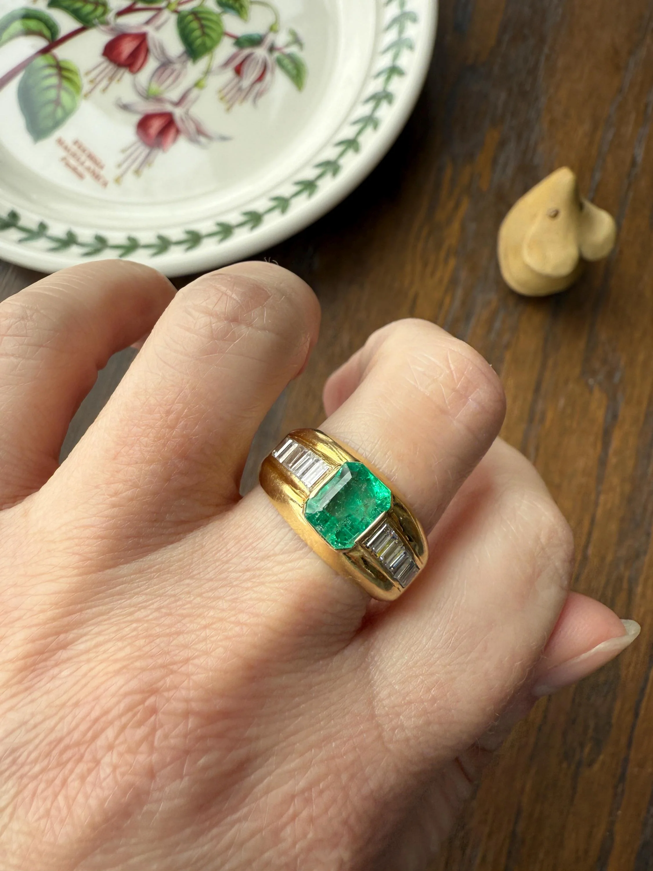 Chunky Green EMERALD Baguette Cut DIAMOND 6g 18k Gold Solid Vintage Gypsy Ring Domed Retro Wide Band Natural Geometric Stacker Man Unisex - Image 13