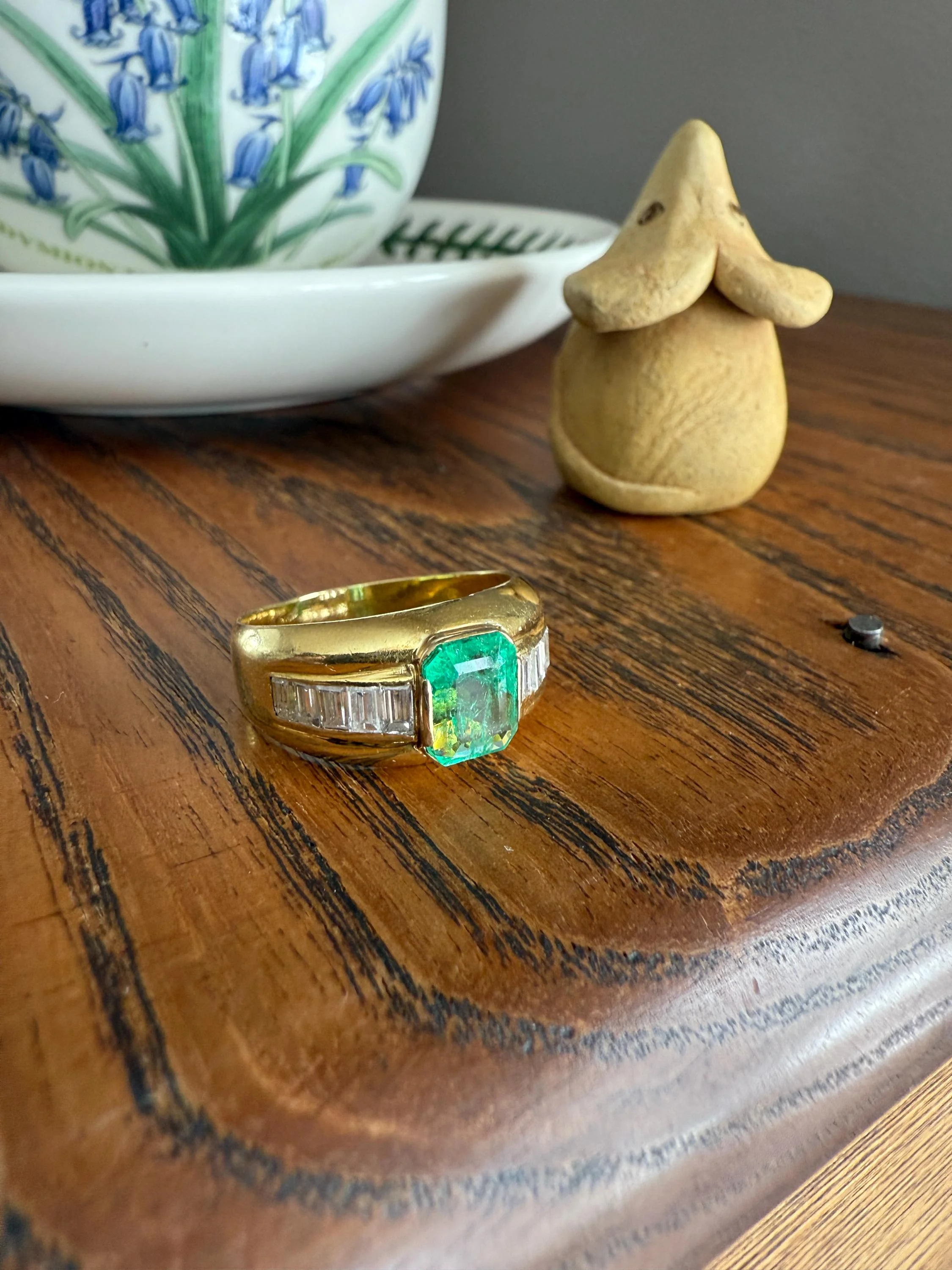 Chunky Green EMERALD Baguette Cut DIAMOND 6g 18k Gold Solid Vintage Gypsy Ring Domed Retro Wide Band Natural Geometric Stacker Man Unisex - Image 16