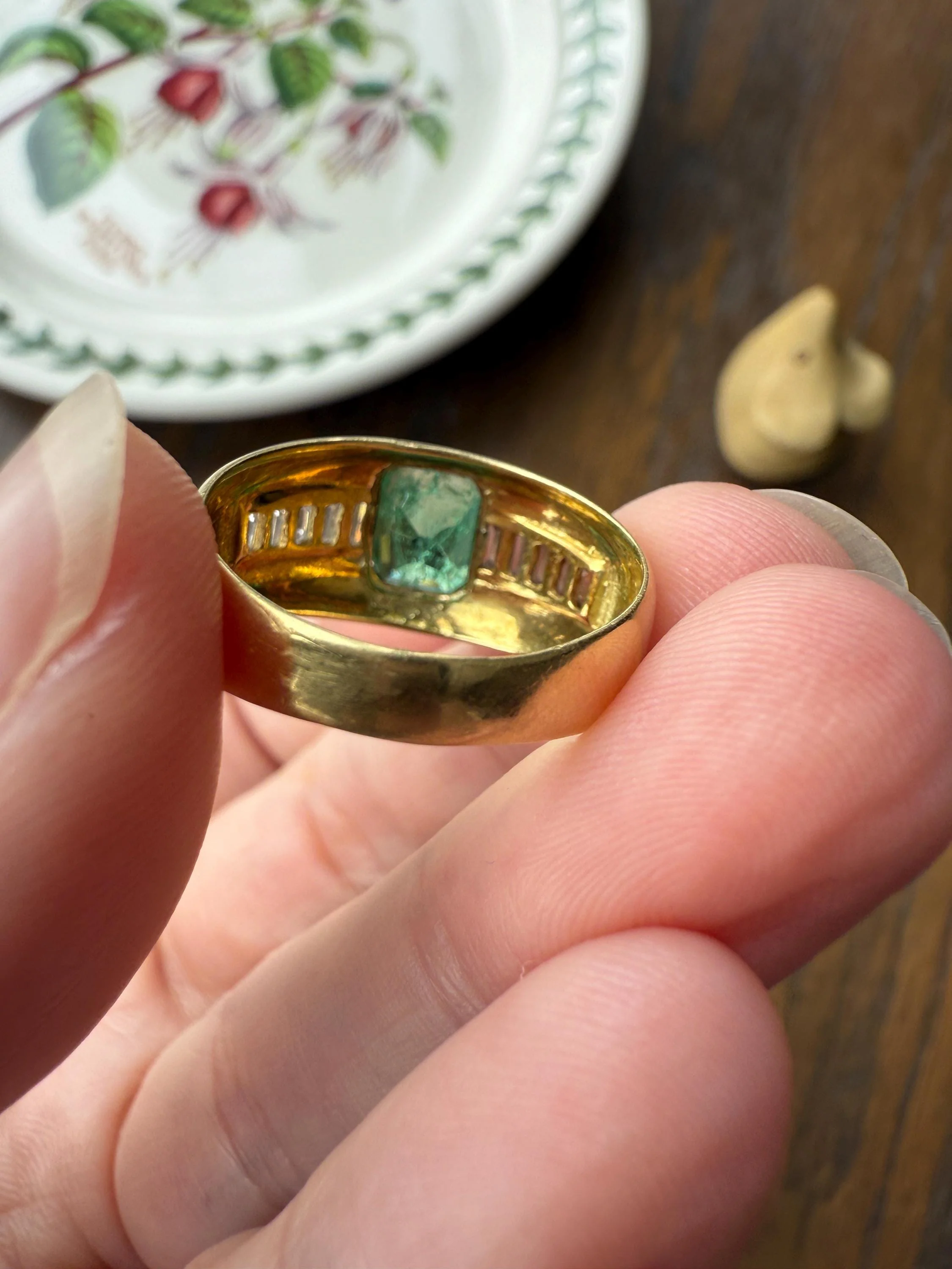 Chunky Green EMERALD Baguette Cut DIAMOND 6g 18k Gold Solid Vintage Gypsy Ring Domed Retro Wide Band Natural Geometric Stacker Man Unisex - Image 17