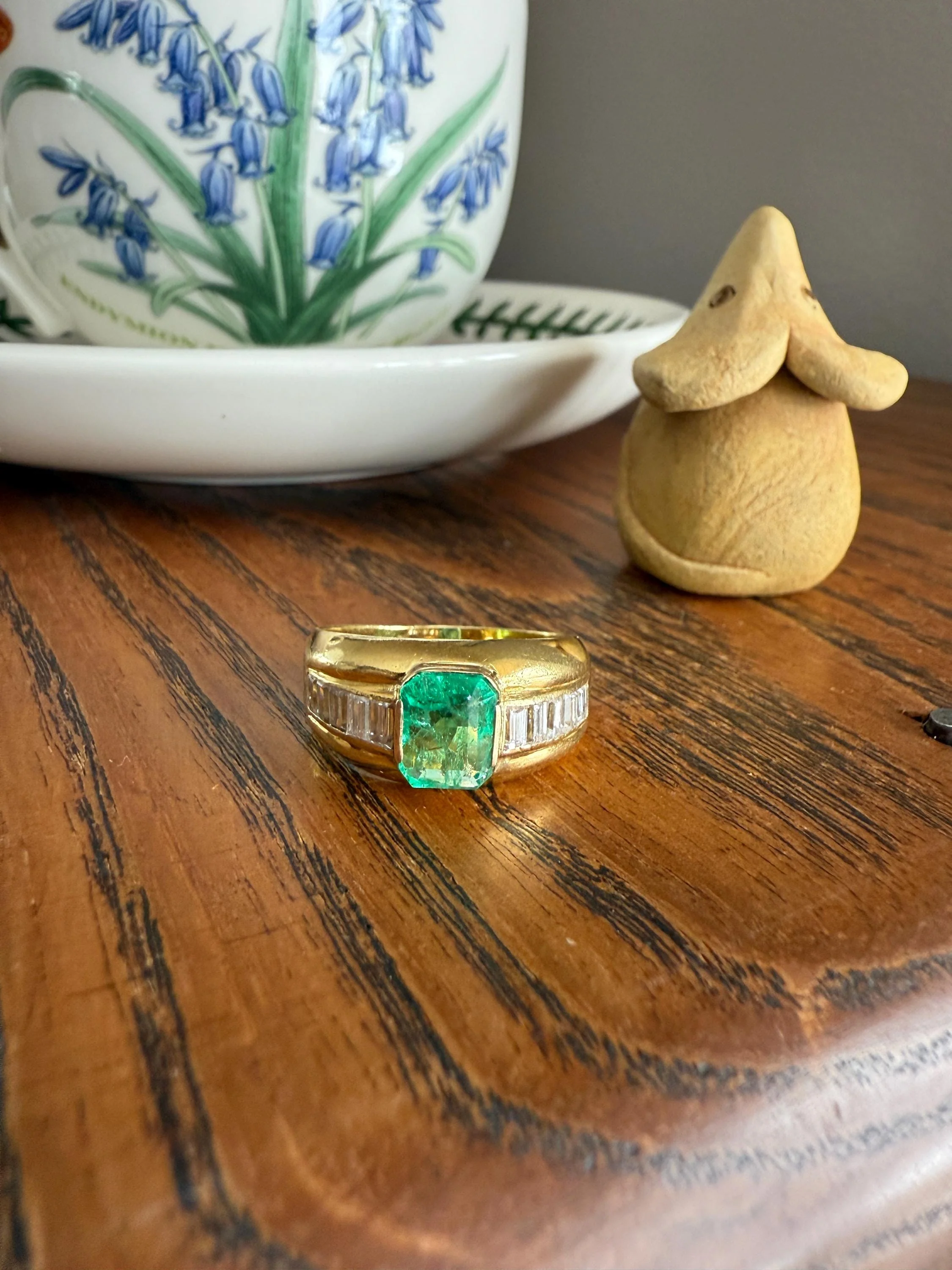 Chunky Green EMERALD Baguette Cut DIAMOND 6g 18k Gold Solid Vintage Gypsy Ring Domed Retro Wide Band Natural Geometric Stacker Man Unisex - Image 2