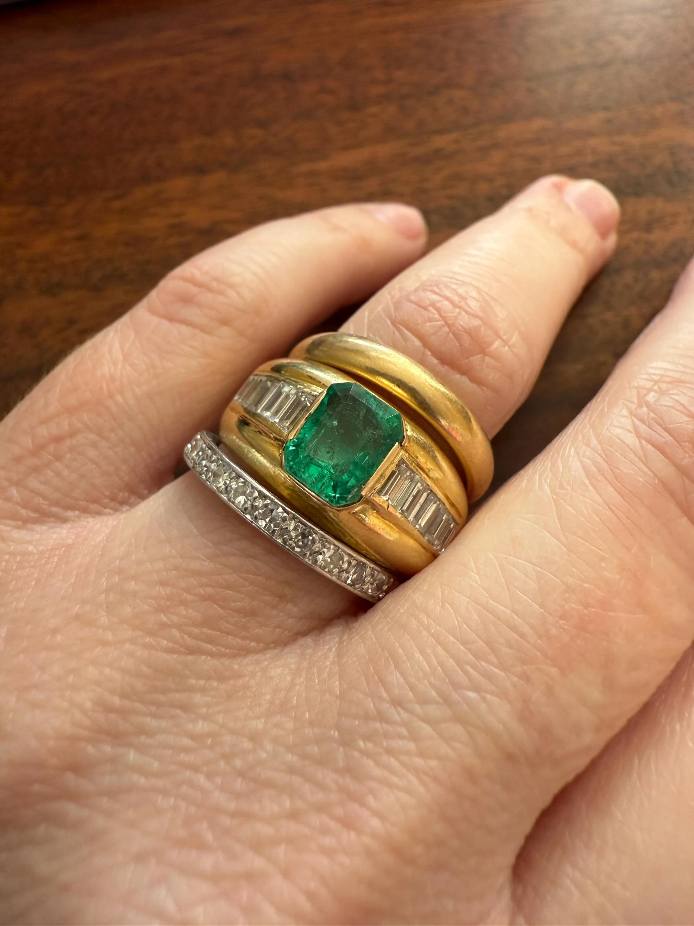 Chunky Green EMERALD Baguette Cut DIAMOND 6g 18k Gold Solid Vintage Gypsy Ring Domed Retro Wide Band Natural Geometric Stacker Man Unisex - Image 3