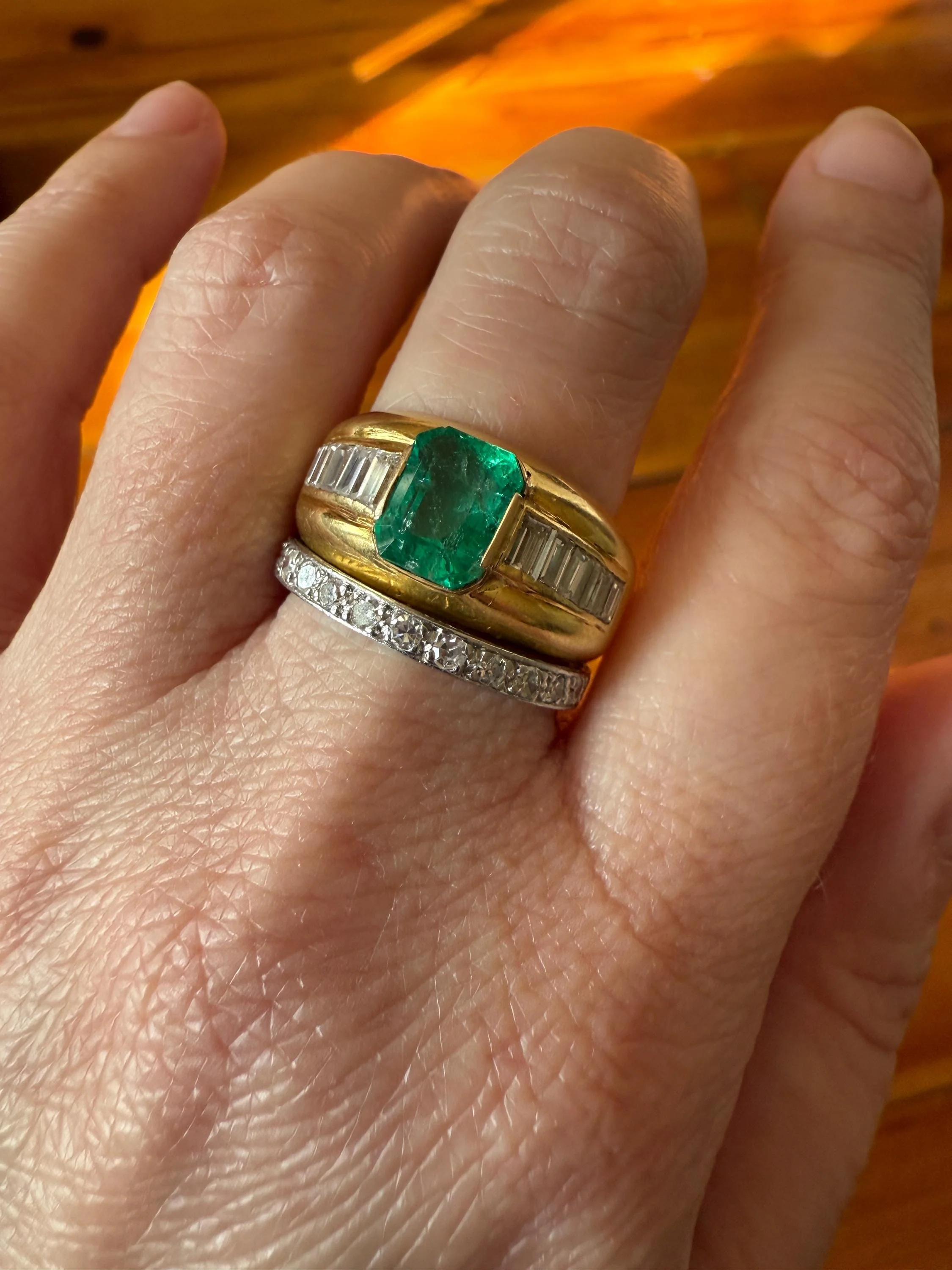 Chunky Green EMERALD Baguette Cut DIAMOND 6g 18k Gold Solid Vintage Gypsy Ring Domed Retro Wide Band Natural Geometric Stacker Man Unisex - Image 5