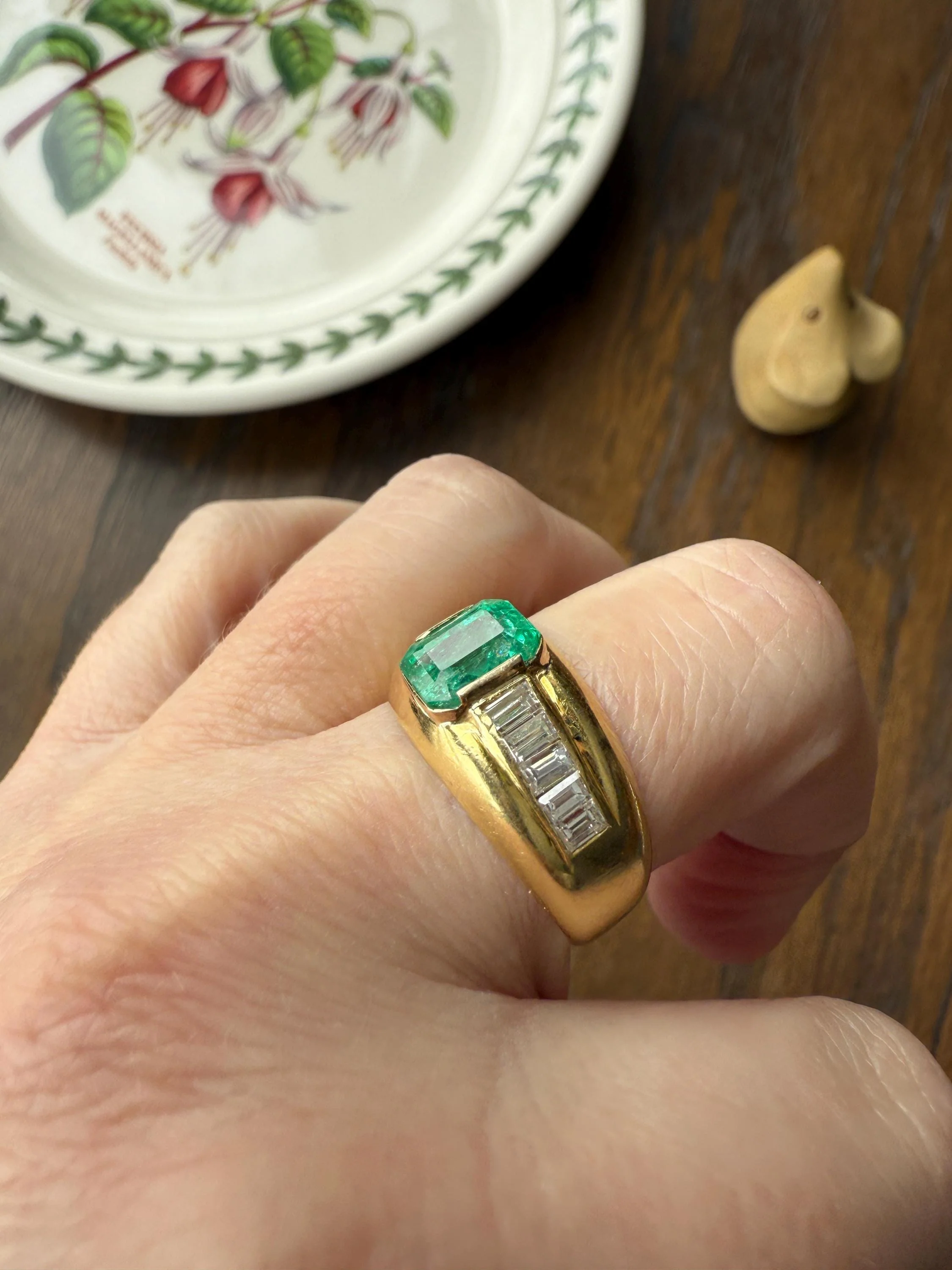 Chunky Green EMERALD Baguette Cut DIAMOND 6g 18k Gold Solid Vintage Gypsy Ring Domed Retro Wide Band Natural Geometric Stacker Man Unisex - Image 6