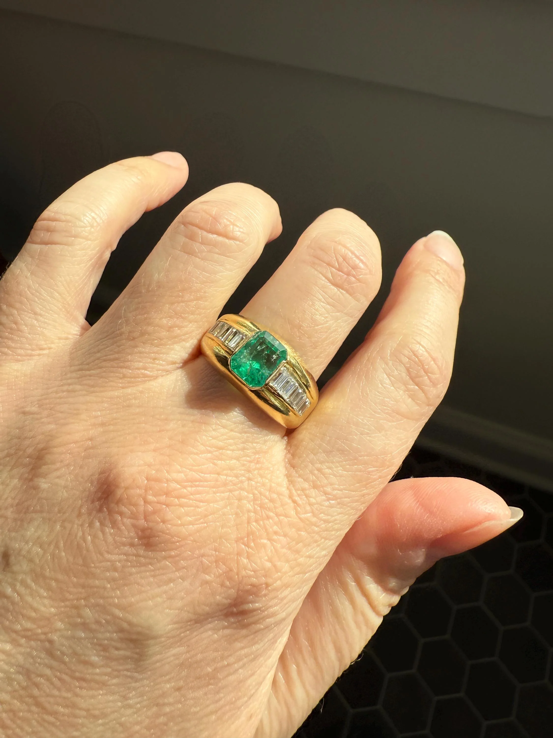 Chunky Green EMERALD Baguette Cut DIAMOND 6g 18k Gold Solid Vintage Gypsy Ring Domed Retro Wide Band Natural Geometric Stacker Man Unisex - Image 8