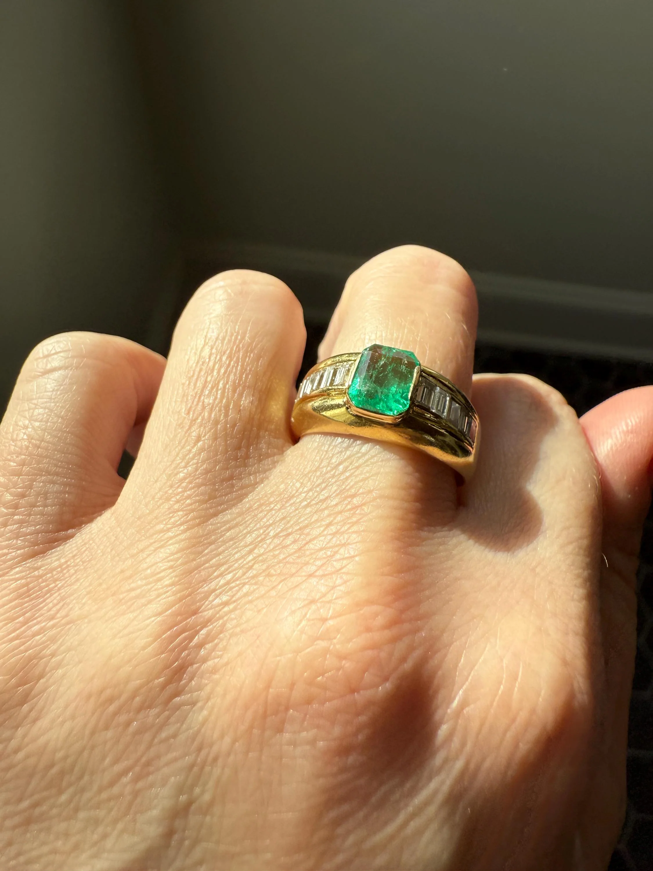 Chunky Green EMERALD Baguette Cut DIAMOND 6g 18k Gold Solid Vintage Gypsy Ring Domed Retro Wide Band Natural Geometric Stacker Man Unisex - Image 9
