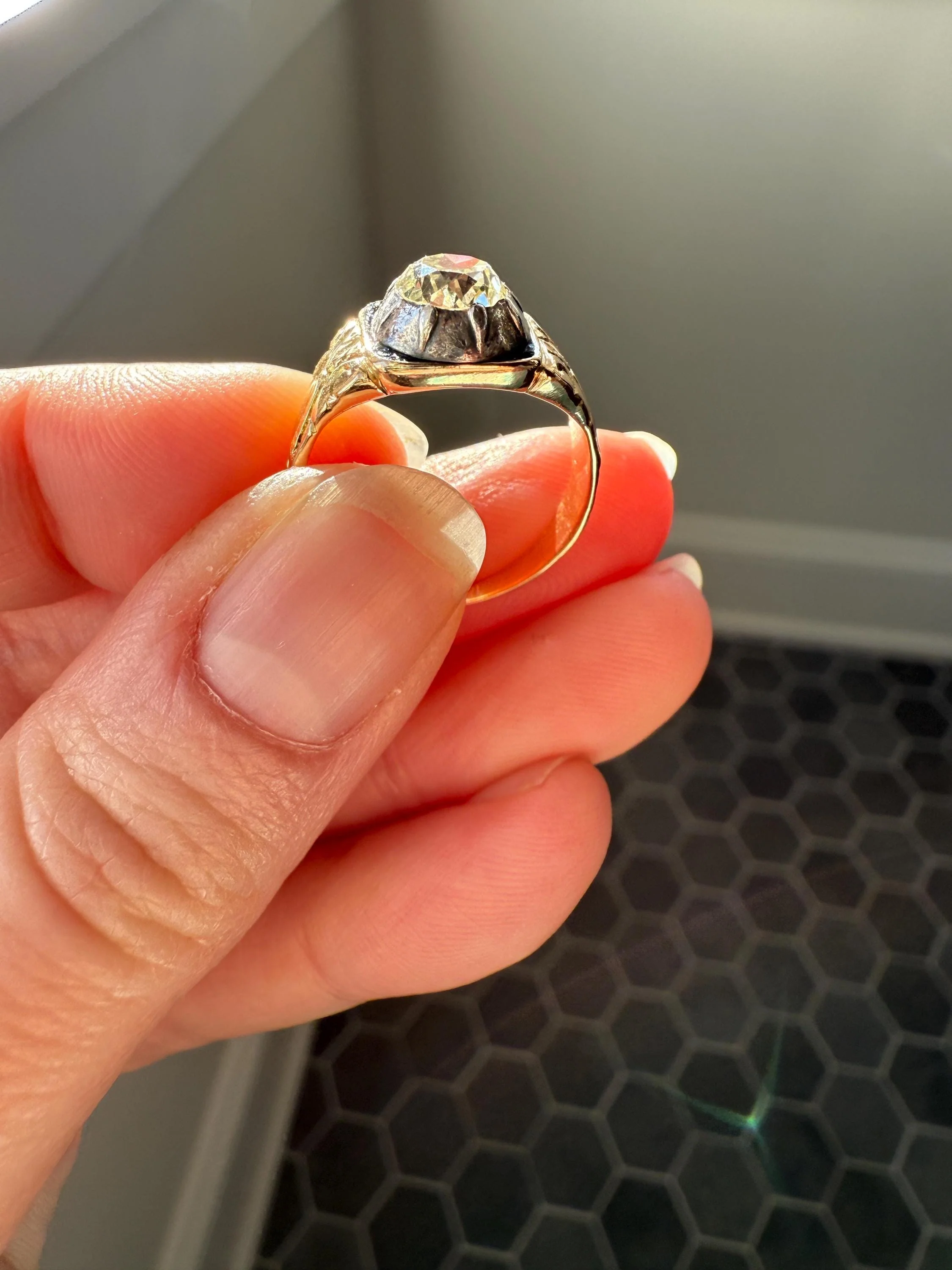 Chunky One Carat Old Mine Cut DIAMOND Solitaire Georgian to Early Victorian Open Back Antique 18k Gold Silver Collet Ornate Stacker OMC - Image 10