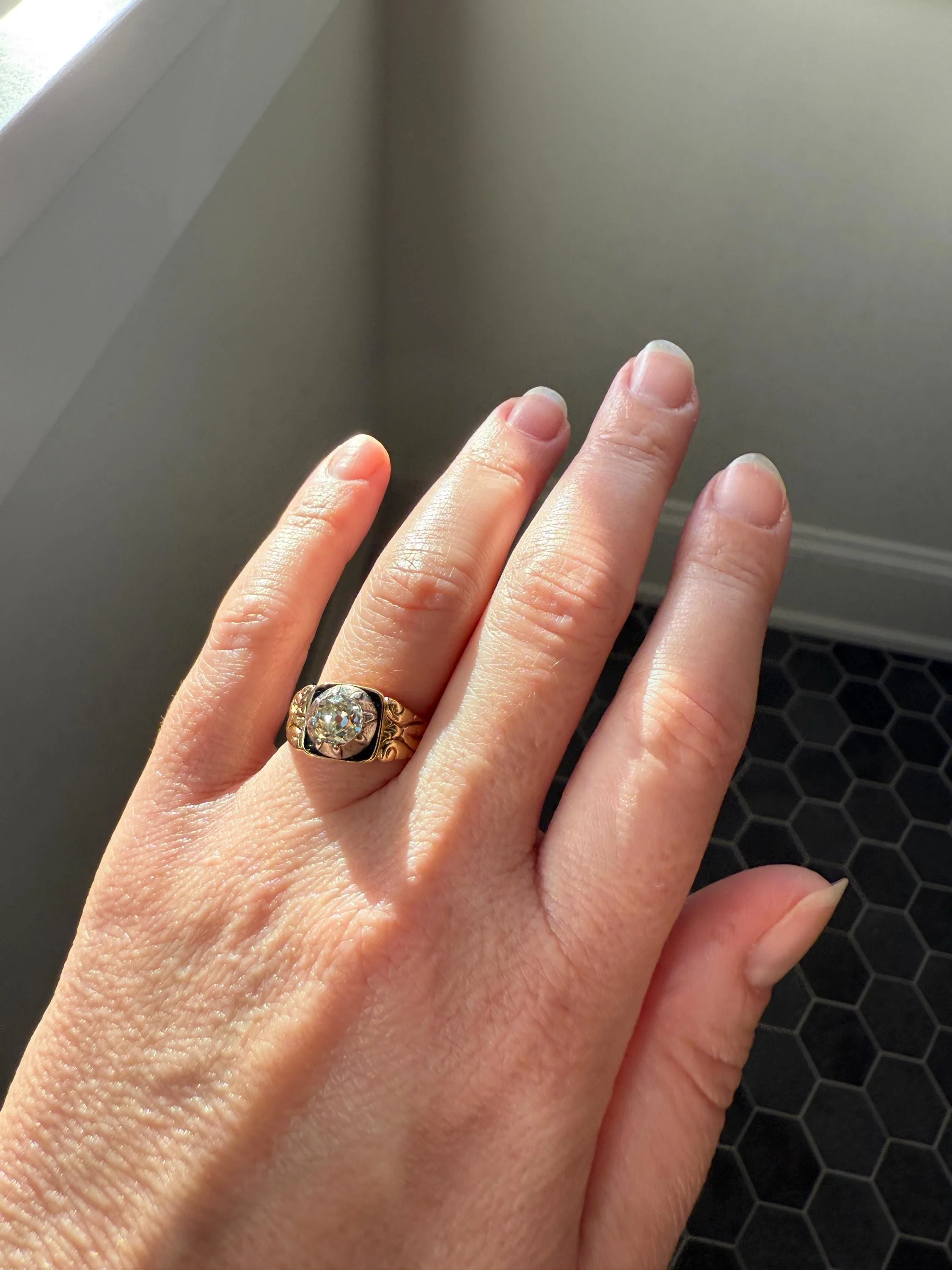 Chunky One Carat Old Mine Cut DIAMOND Solitaire Georgian to Early Victorian Open Back Antique 18k Gold Silver Collet Ornate Stacker OMC - Image 11
