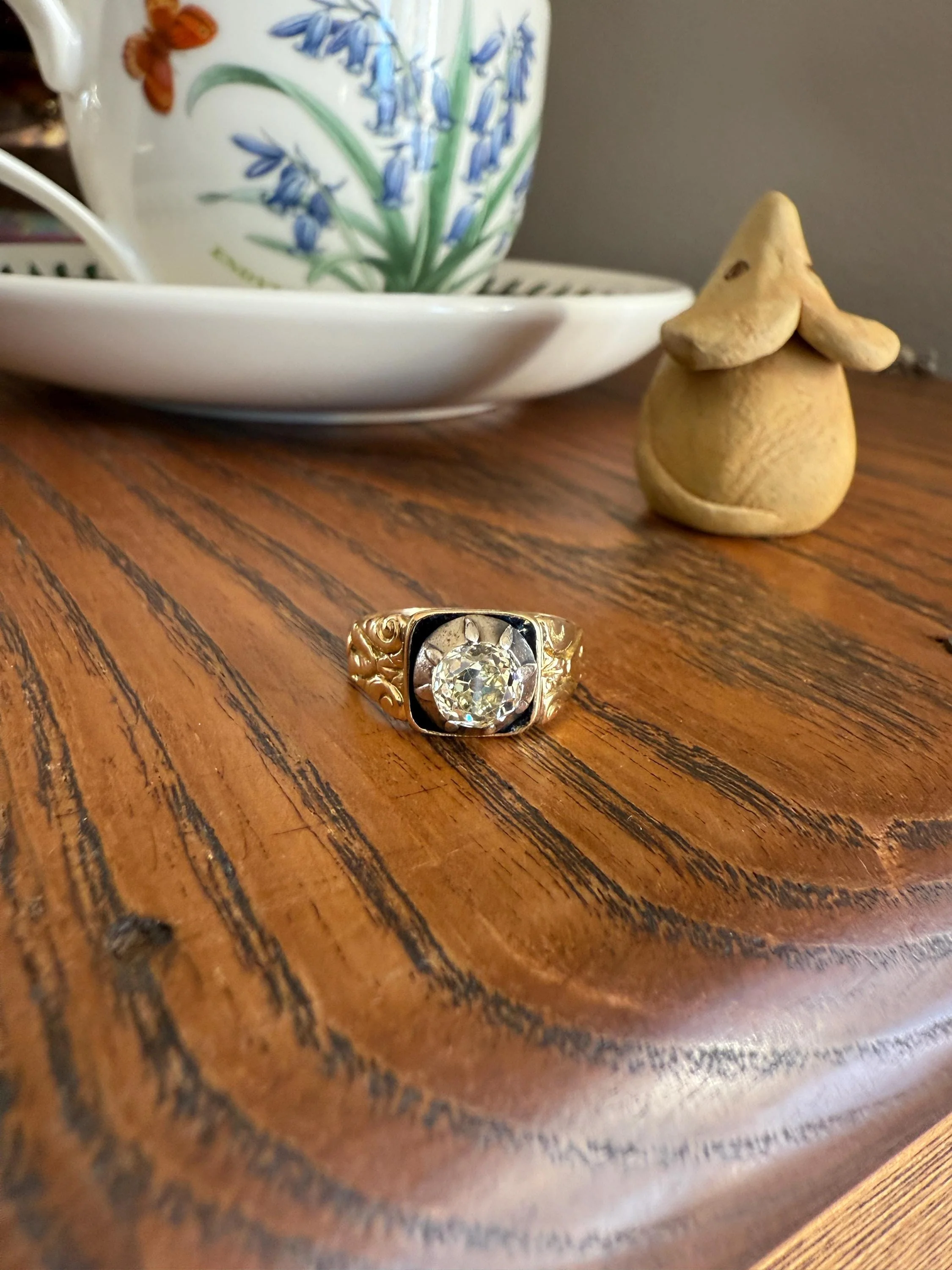 Chunky One Carat Old Mine Cut DIAMOND Solitaire Georgian to Early Victorian Open Back Antique 18k Gold Silver Collet Ornate Stacker OMC - Image 12