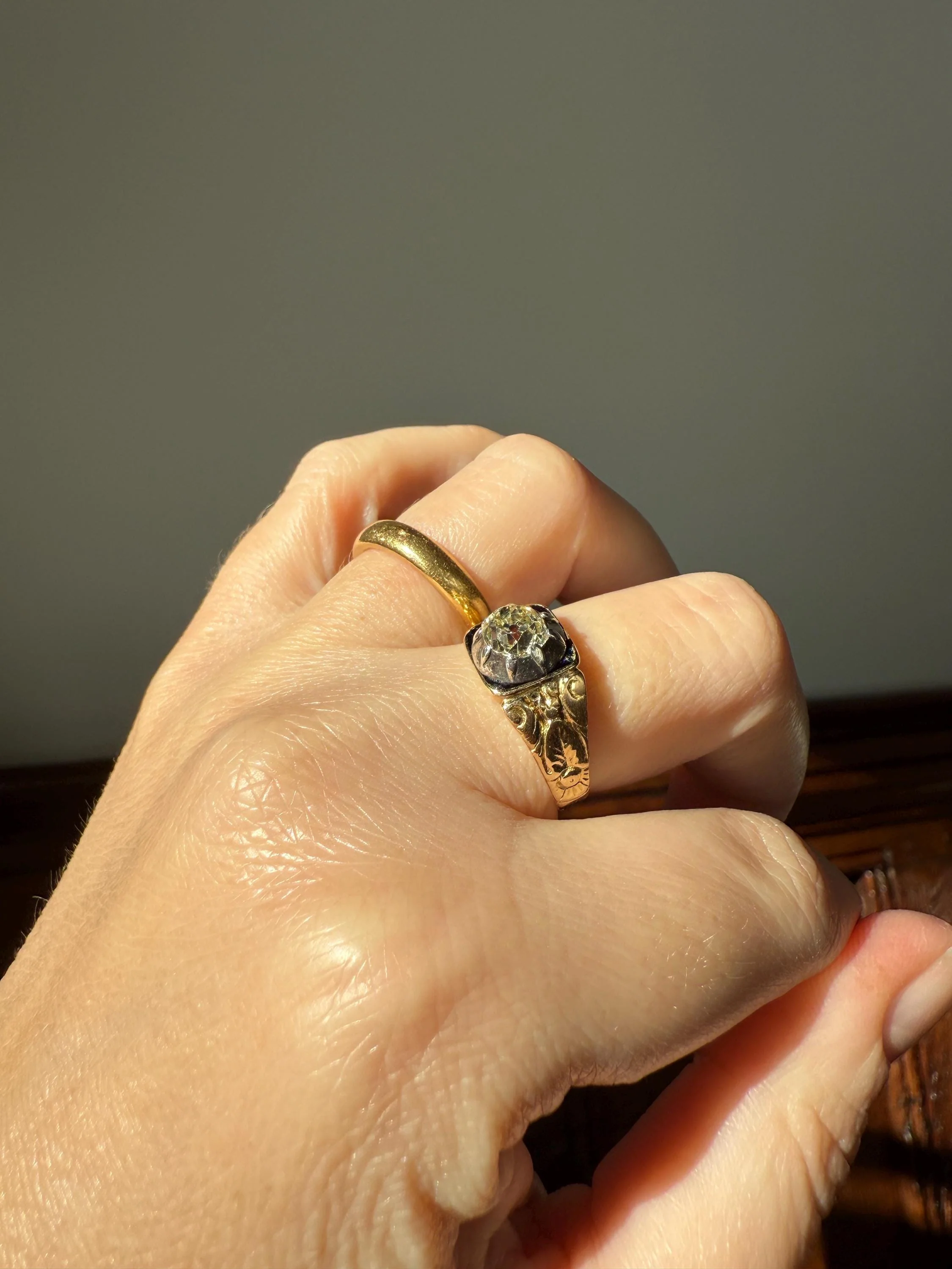 Chunky One Carat Old Mine Cut DIAMOND Solitaire Georgian to Early Victorian Open Back Antique 18k Gold Silver Collet Ornate Stacker OMC - Image 13