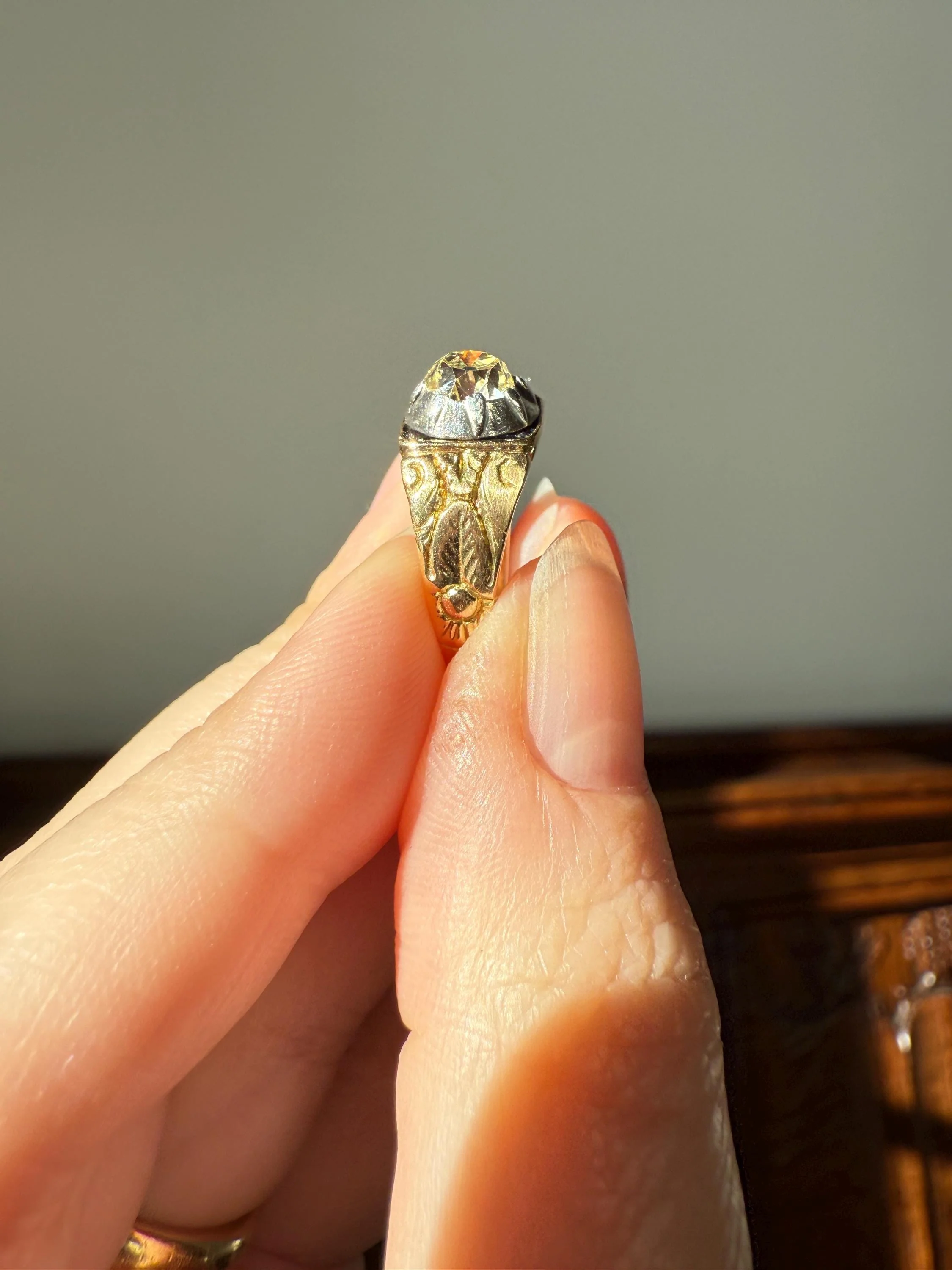 Chunky One Carat Old Mine Cut DIAMOND Solitaire Georgian to Early Victorian Open Back Antique 18k Gold Silver Collet Ornate Stacker OMC - Image 15