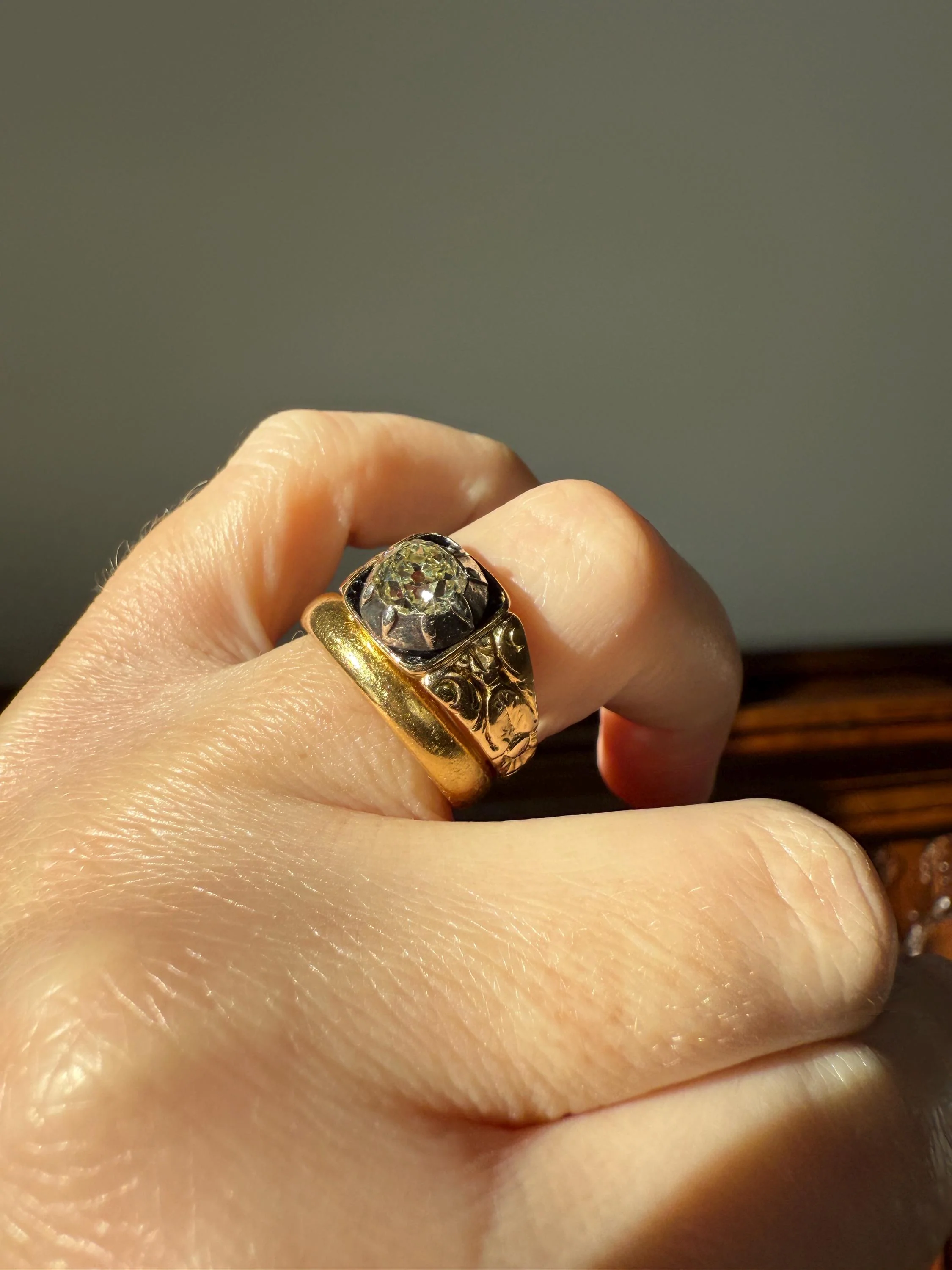 Chunky One Carat Old Mine Cut DIAMOND Solitaire Georgian to Early Victorian Open Back Antique 18k Gold Silver Collet Ornate Stacker OMC - Image 16