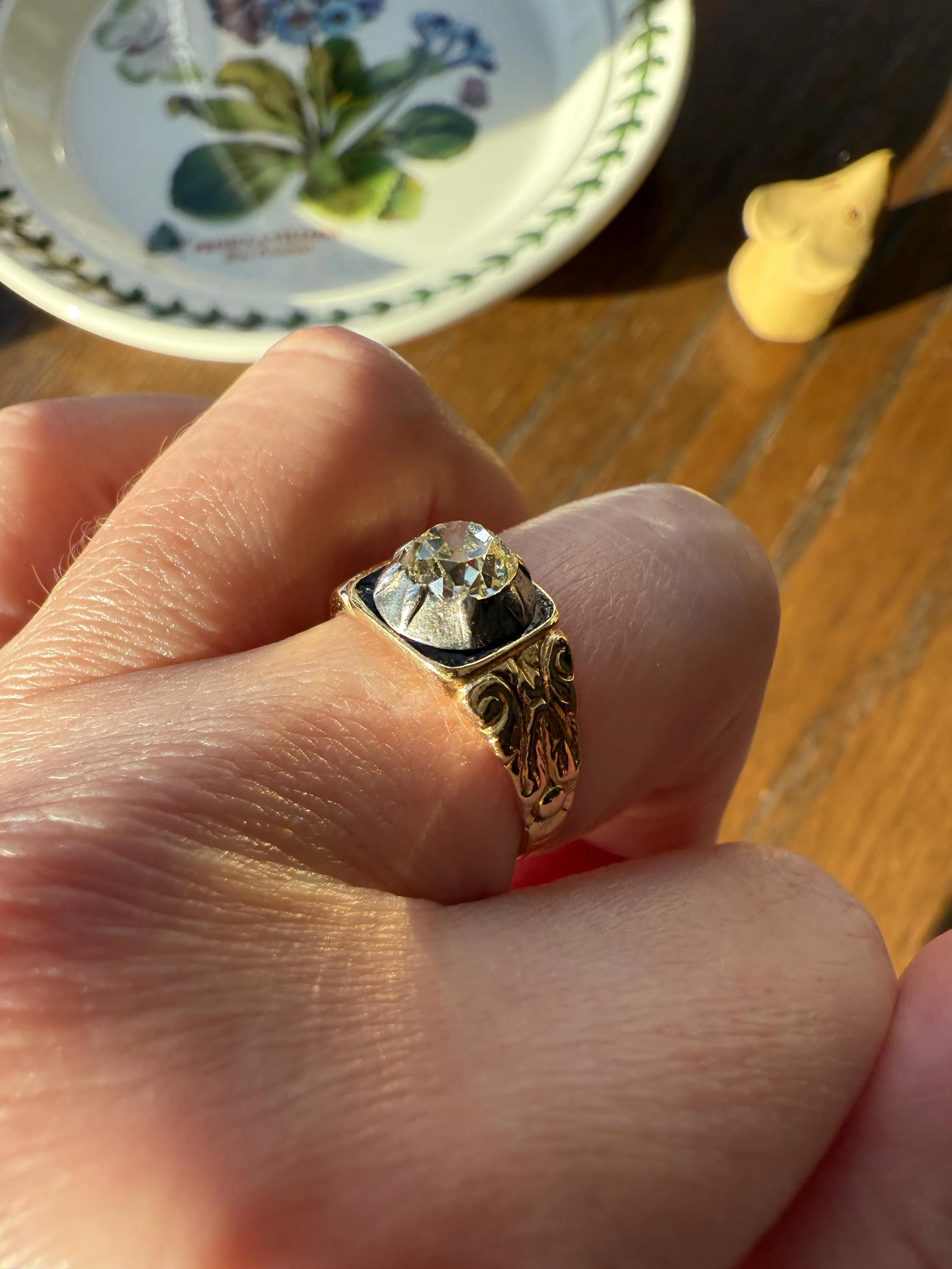 Chunky One Carat Old Mine Cut DIAMOND Solitaire Georgian to Early Victorian Open Back Antique 18k Gold Silver Collet Ornate Stacker OMC - Image 17